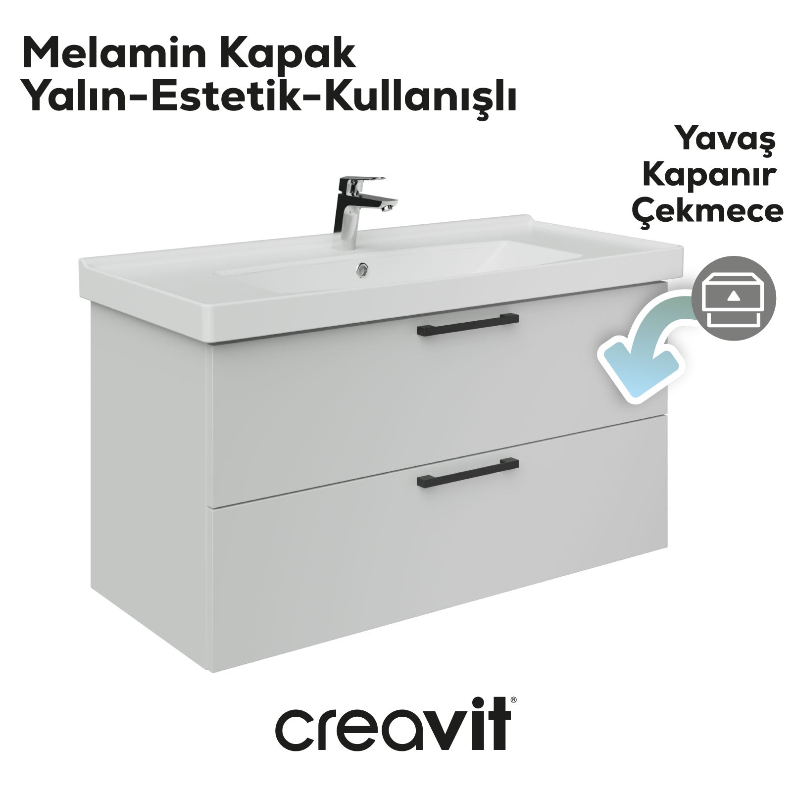 D20 100 Cm İki Çekmeceli Lavabo Dolabı Beyaz Melamin Kapak (Demonte)