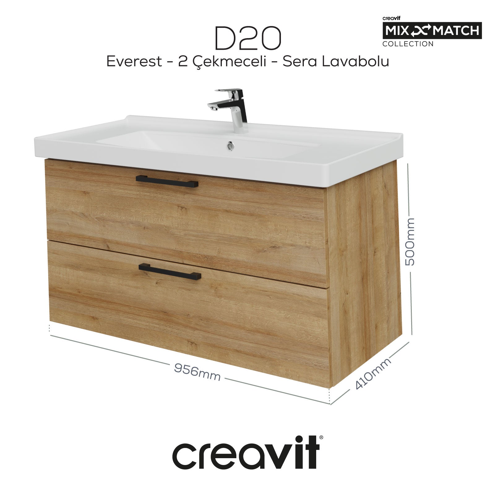 D20 100 Cm İki Çekmeceli Lavabo Dolabı Everest Melamin Kapak (Demonte)
