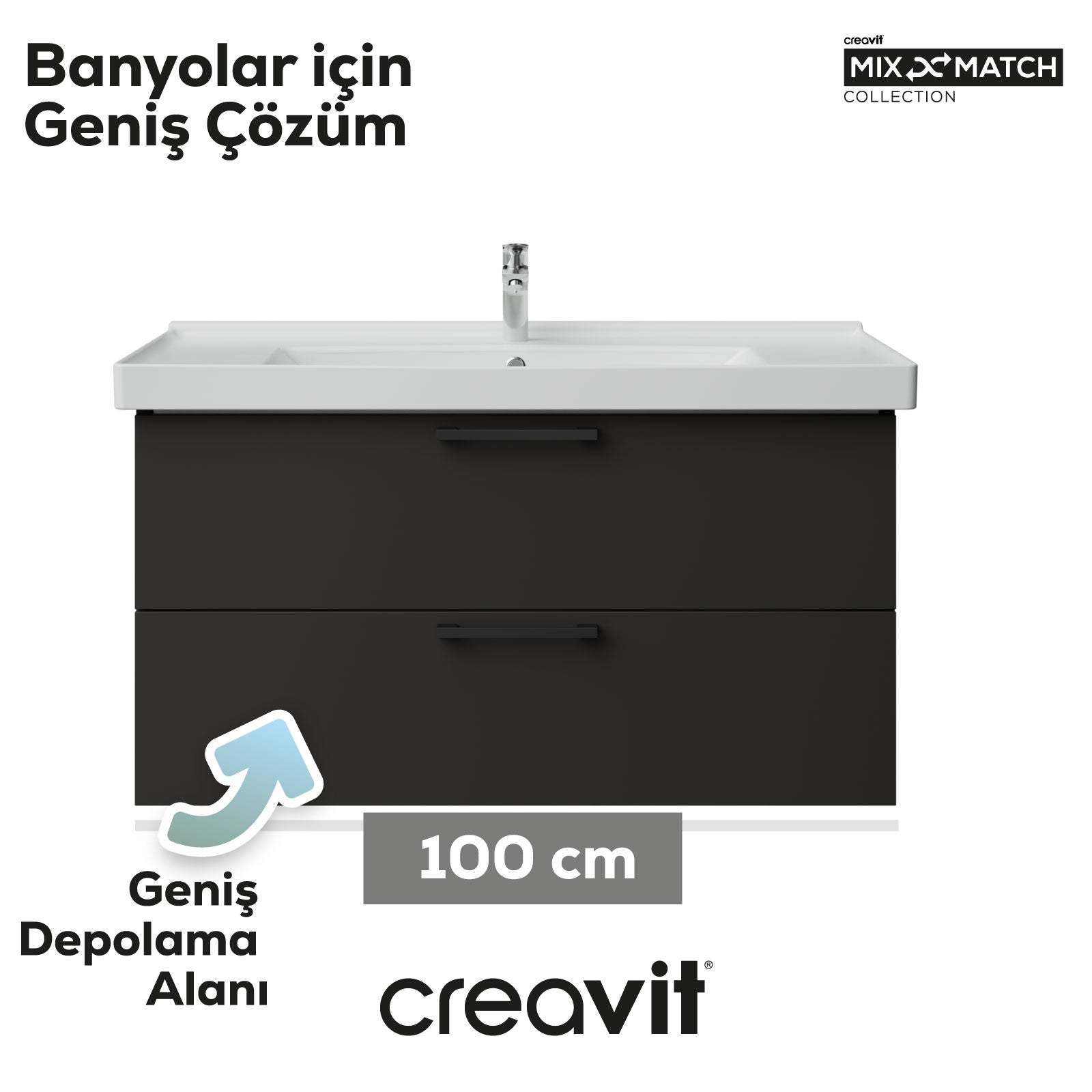 D20 100 Cm İki Çekmeceli Lavabo Dolabı Antrasit Melamin Kapak