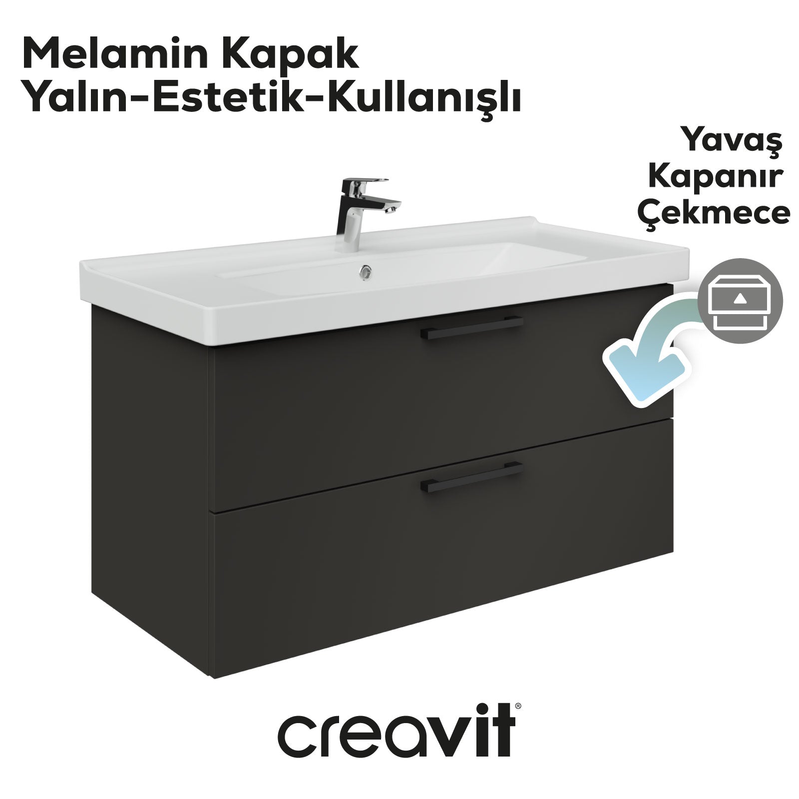 D20 100 Cm İki Çekmeceli Lavabo Dolabı Antrasit Melamin Kapak
