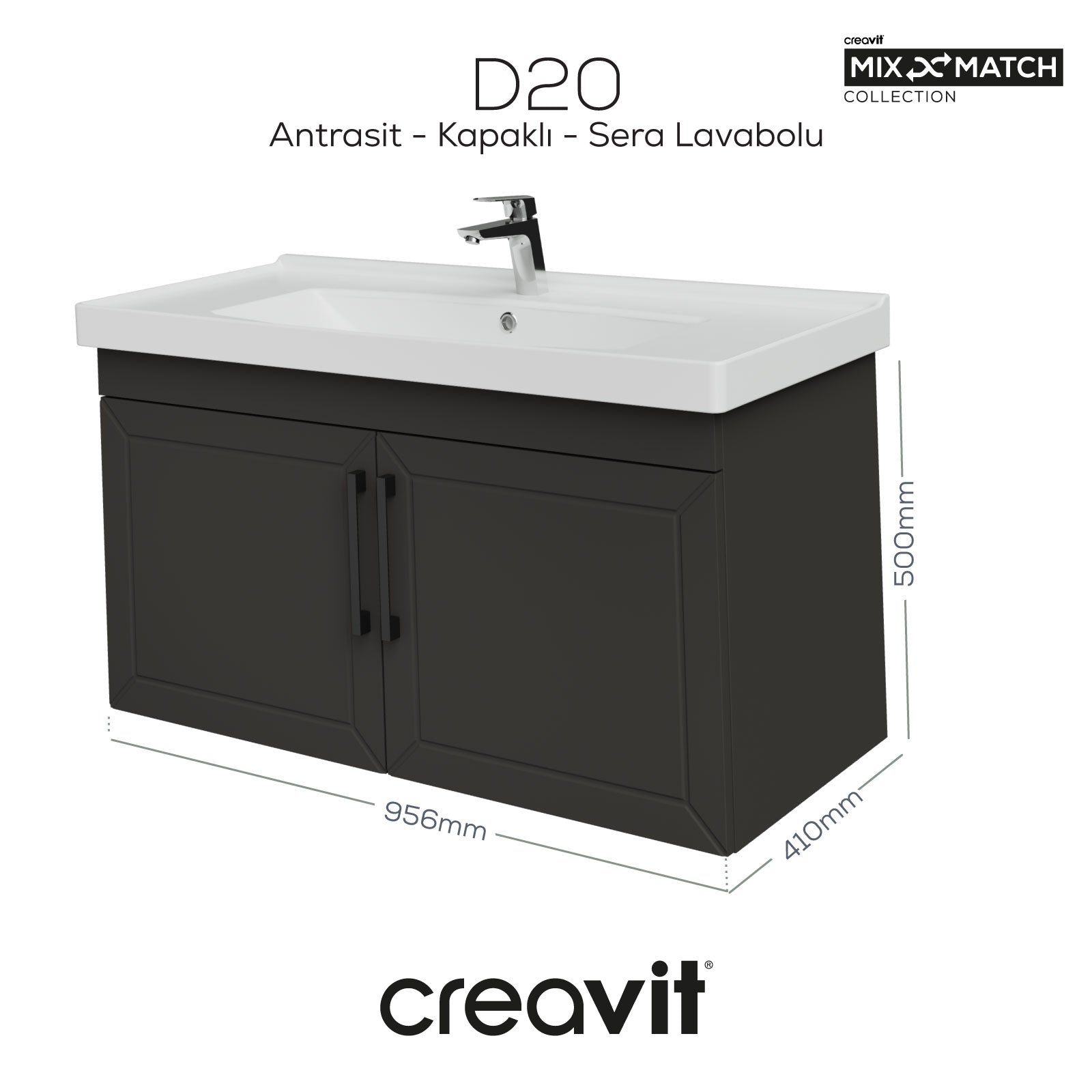 D20 100 Cm Kapaklı Lavabo Dolabı Antrasit Lake