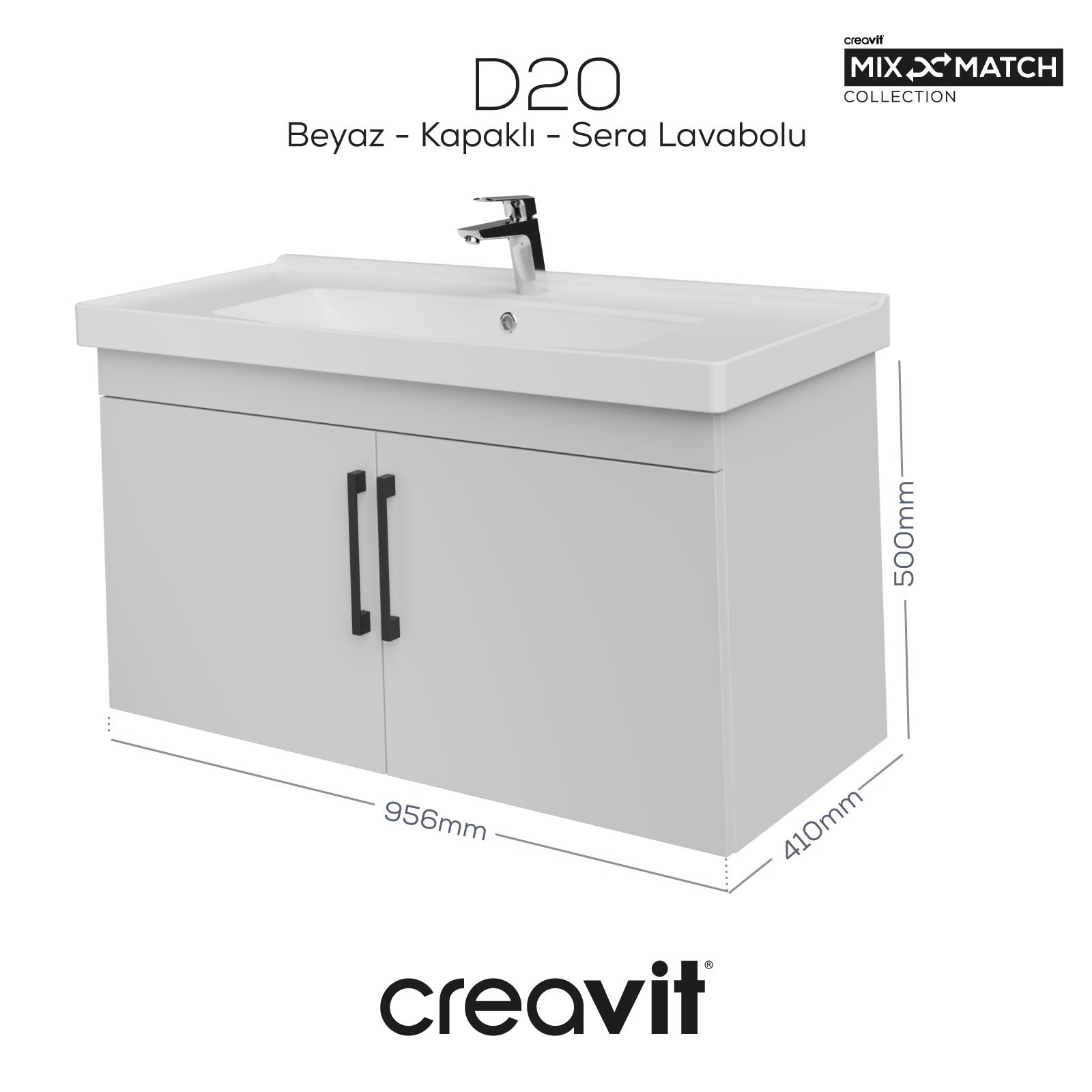 D20 100 Cm Kapaklı Lavabo Dolabı Beyaz Melamin Kapak (Demonte)