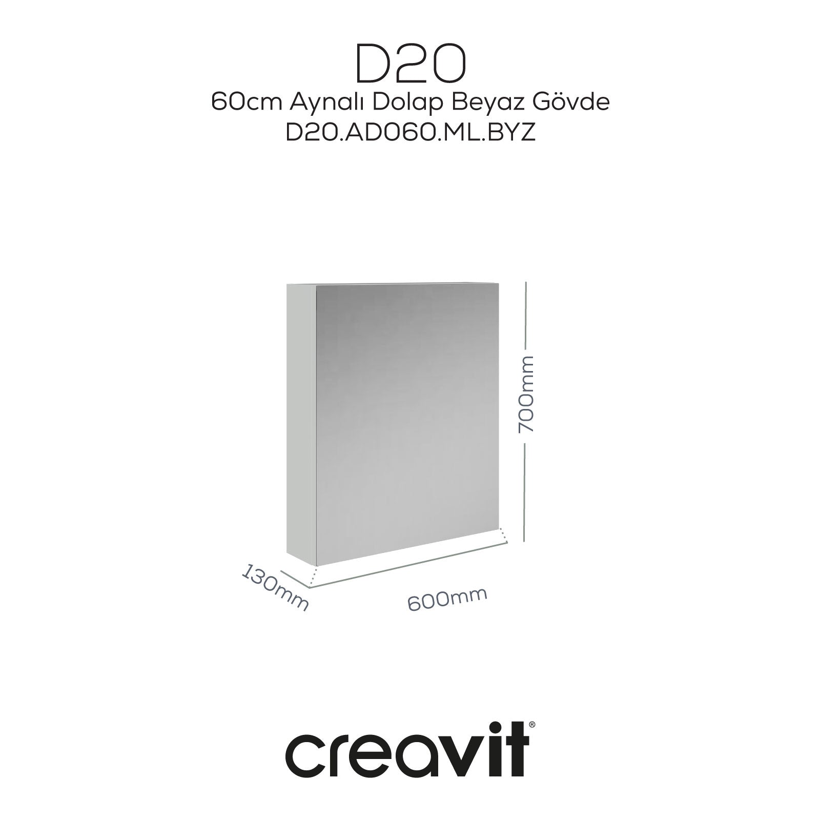 D20 60 Cm Beyaz Aynalı Dolap Melamin Gövde