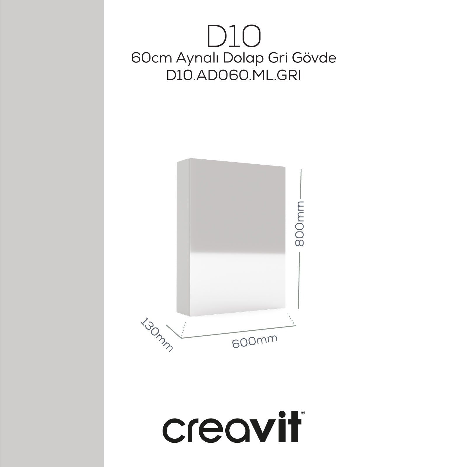 D20 60cm Melamin Aynalı Dolap Gri