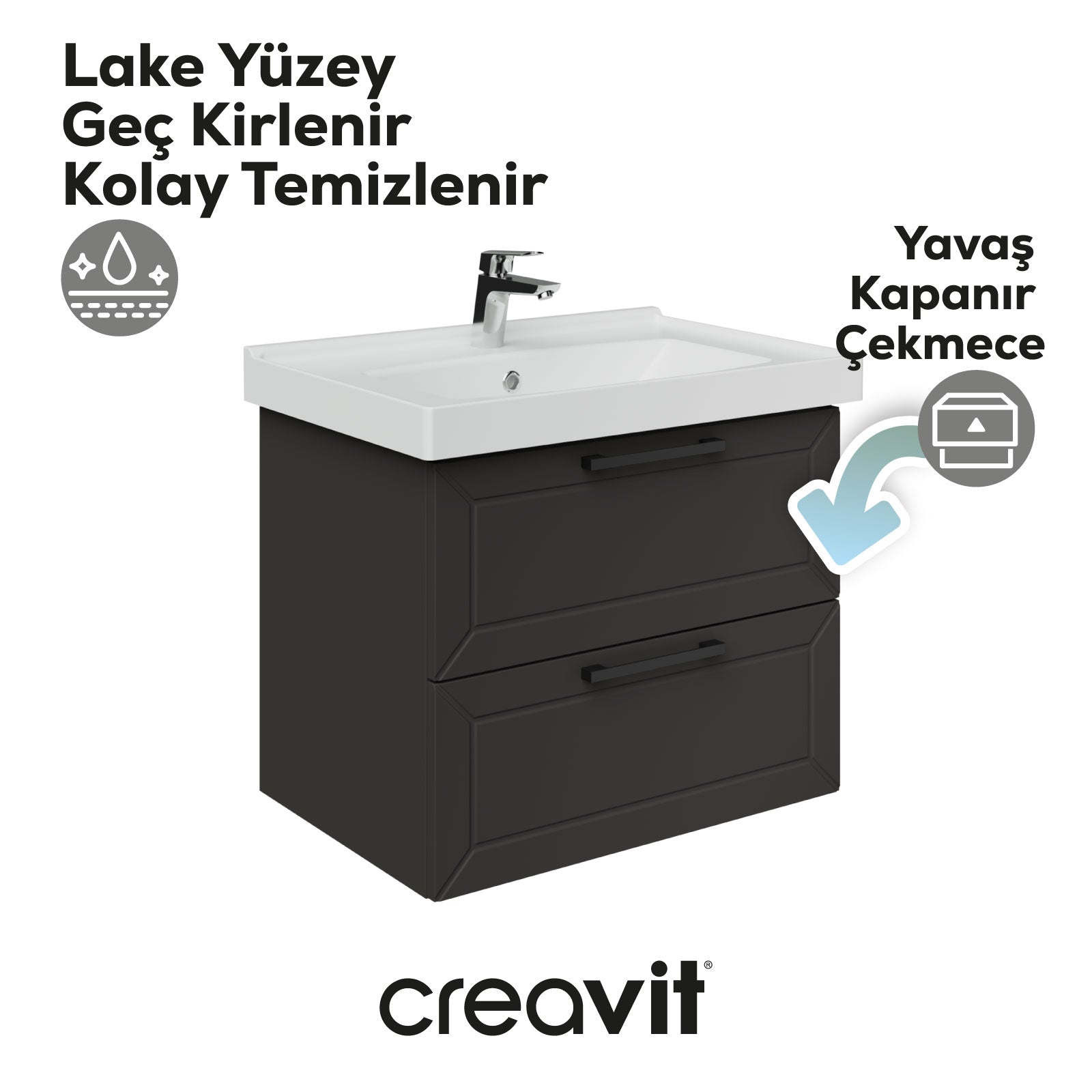 D20 65 Cm İki Çelmeceli Lavabo Dolabı Antrasit Lake Kapak