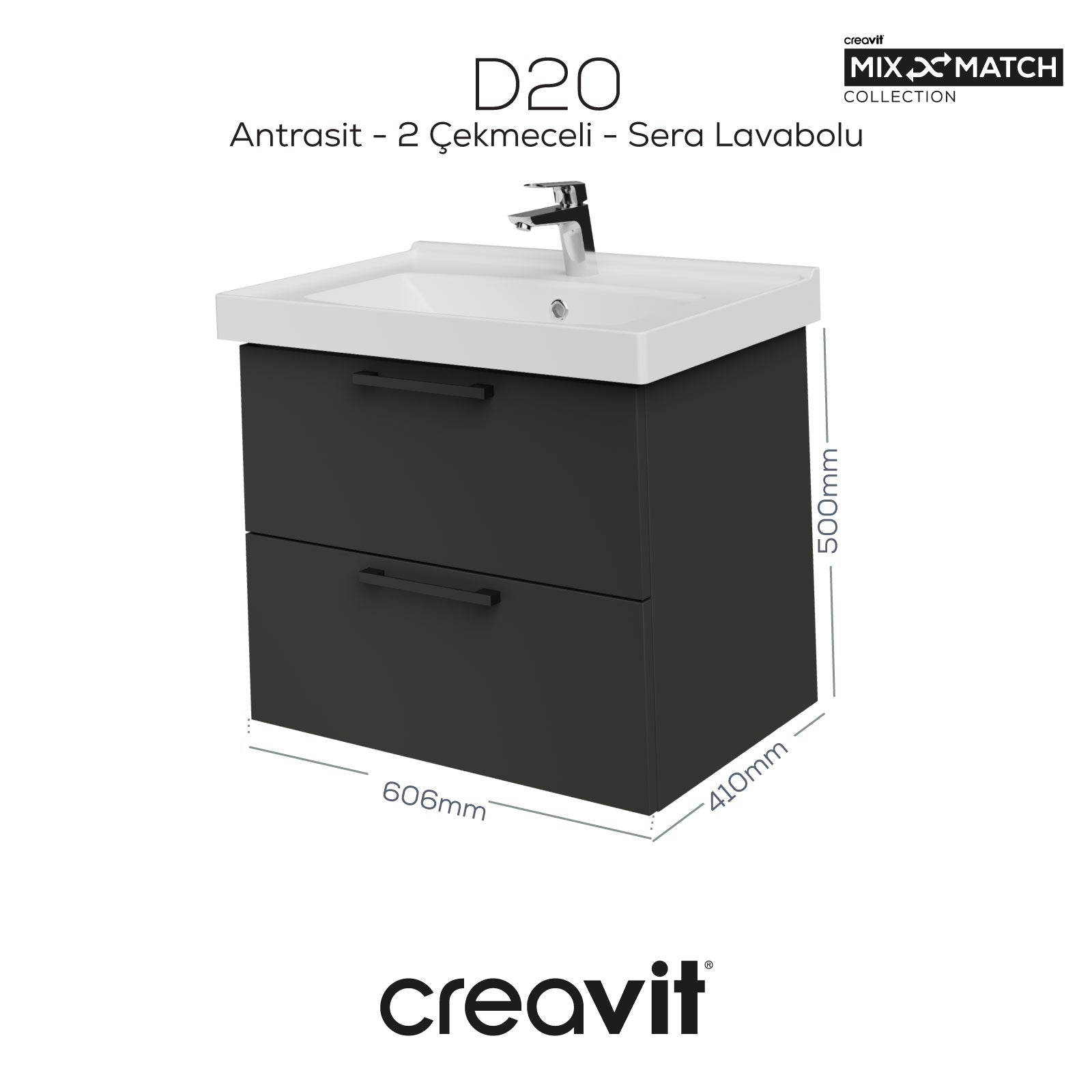 D20 65 Cm İki Çelmeceli Lavabo Dolabı Antrasit Melamin (Demonte)