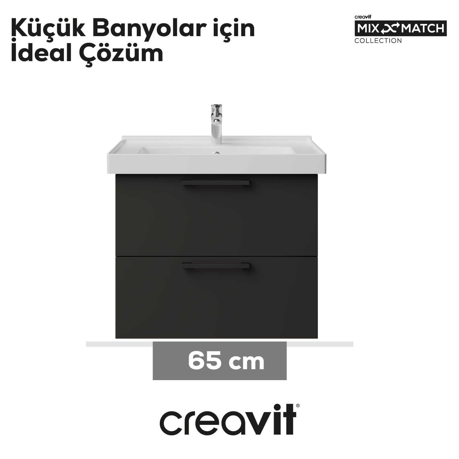 D20 65 Cm İki Çelmeceli Lavabo Dolabı Antrasit Melamin (Demonte)