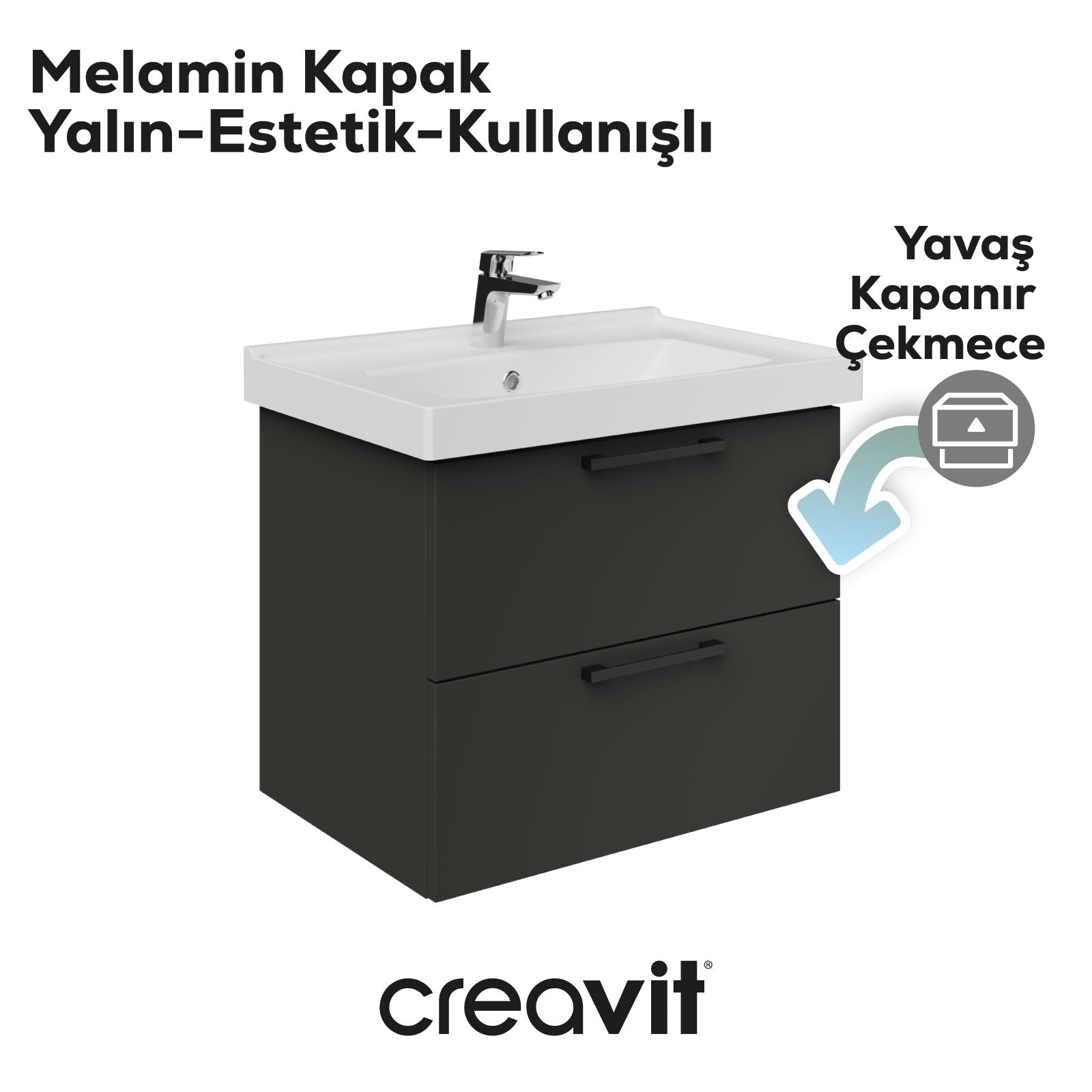 D20 65 Cm İki Çelmeceli Lavabo Dolabı Antrasit Melamin (Demonte)