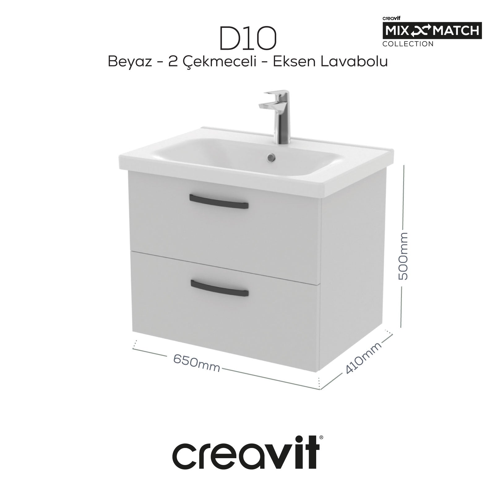 D20 65 Cm İki Çelmeceli Lavabo Dolabı Beyaz Melamin Kapak (Demonte)
