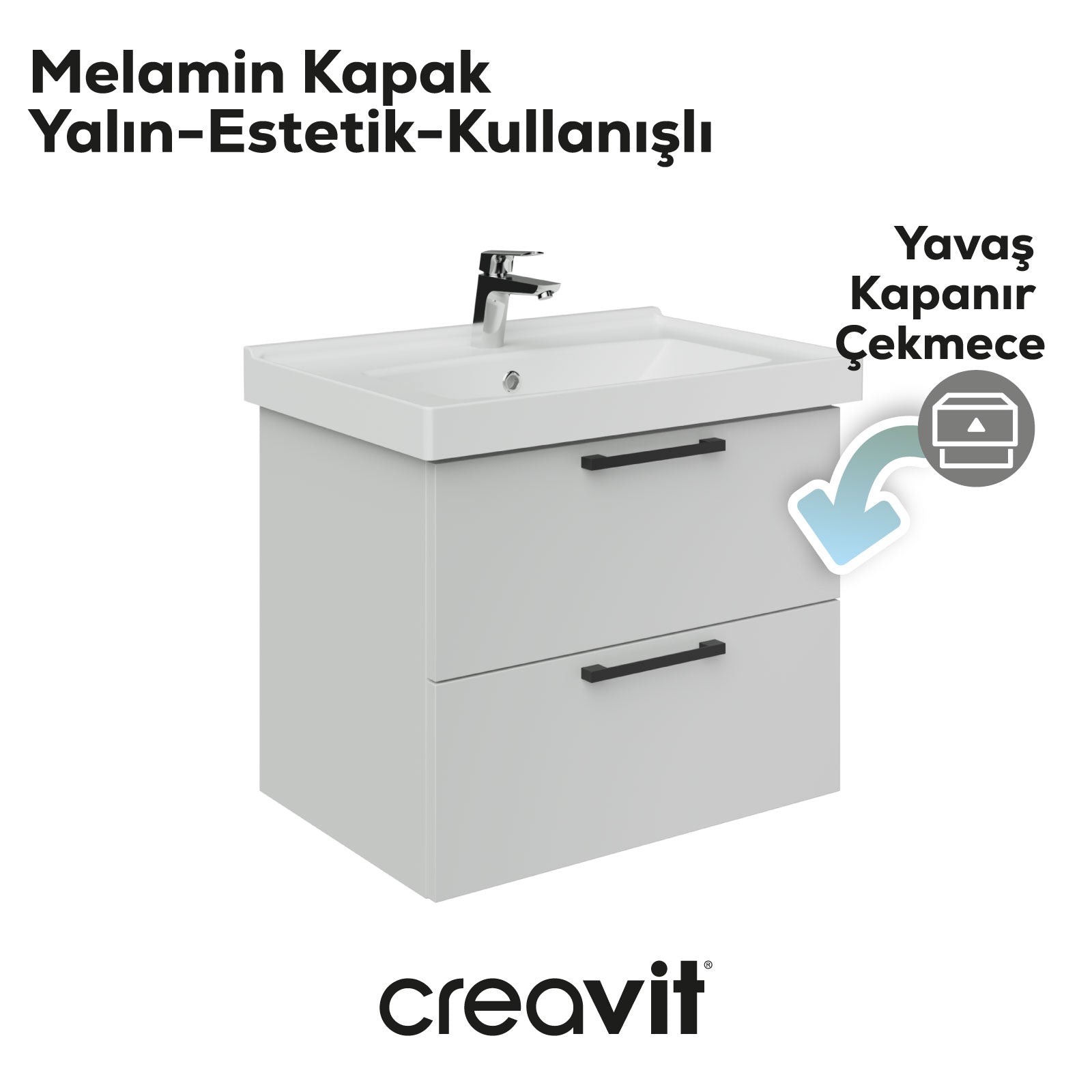 D20 65 Cm İki Çelmeceli Lavabo Dolabı Beyaz Melamin Kapak (Demonte)