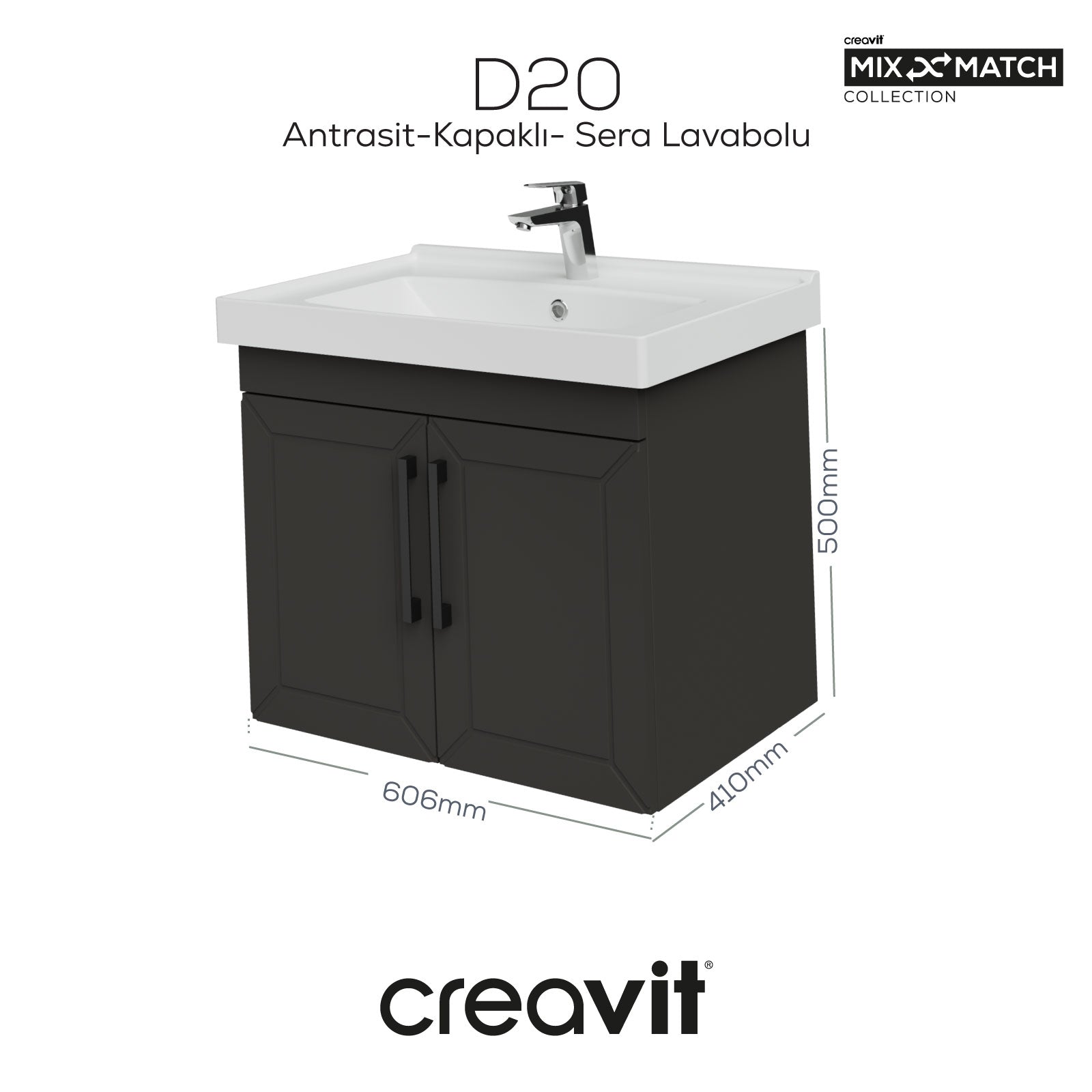 D20 65 Cm Kapaklı Lavabo Dolabı Antrasit Lake Kapak