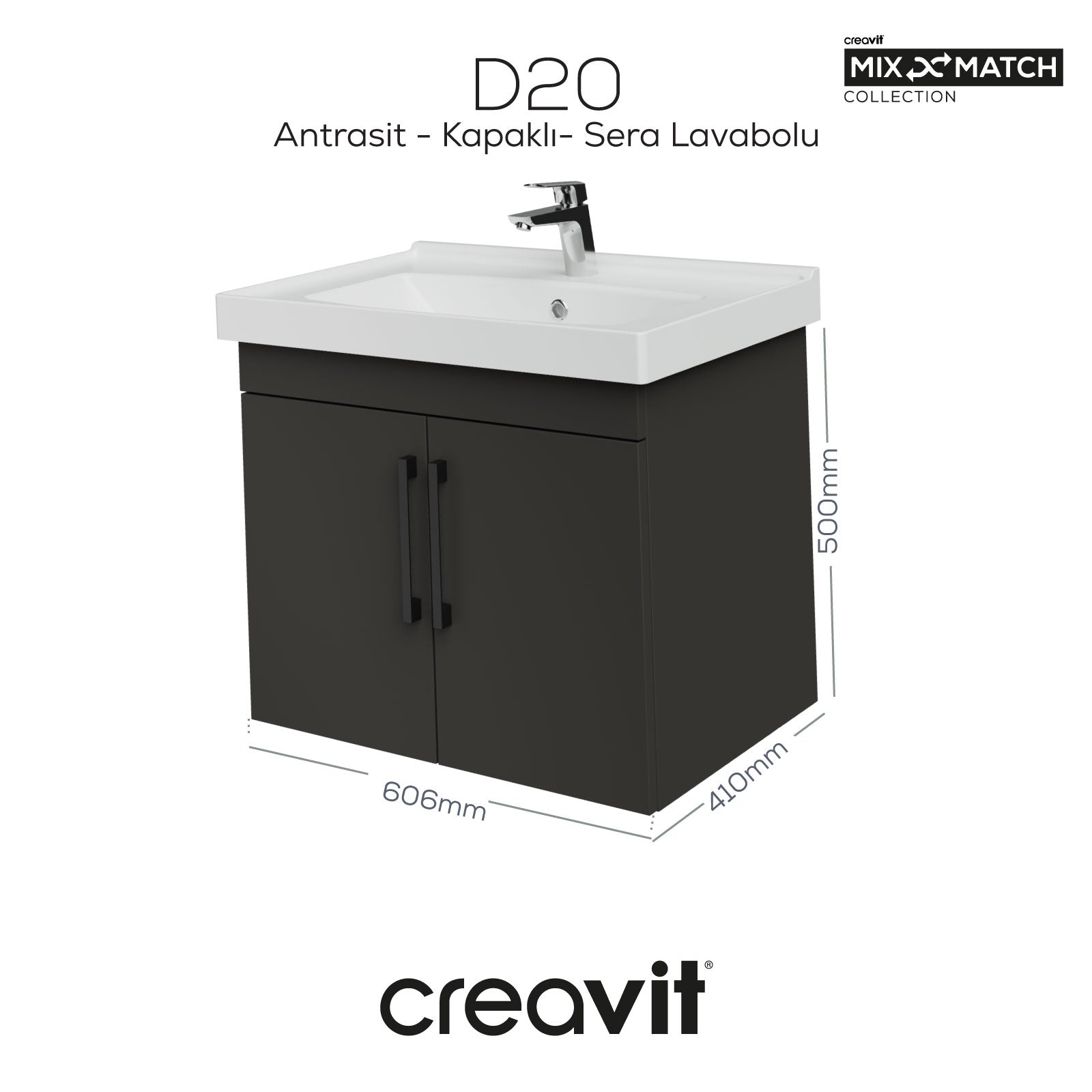 D20 65 Cm Kapaklı Lavabo Dolabı Antrasit Melamin (Demonte)