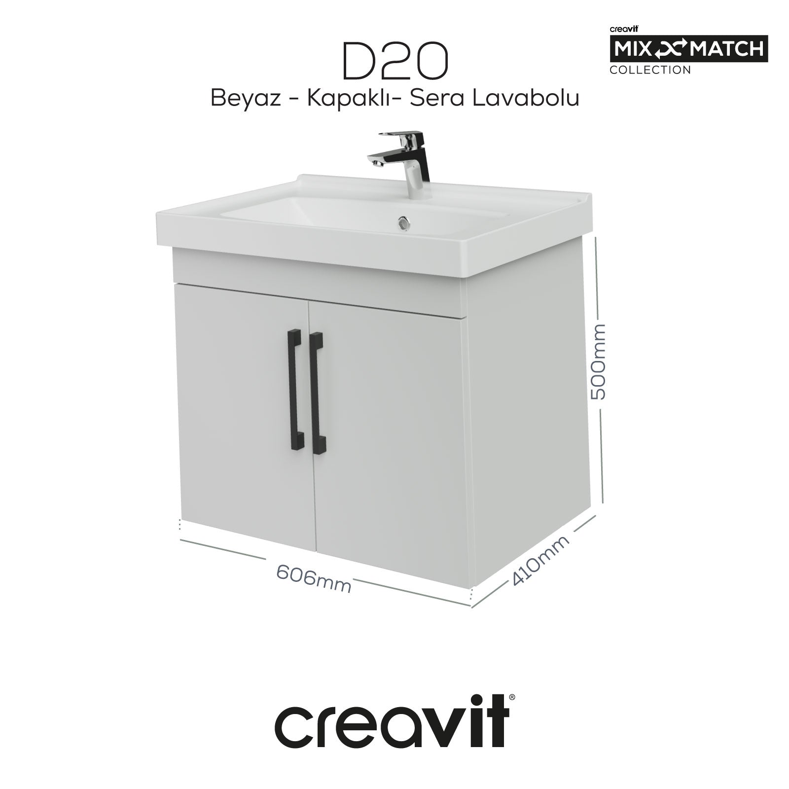 D20 65 Cm Kapaklı Lavabo Dolabı Beyaz Melamin (Demonte)