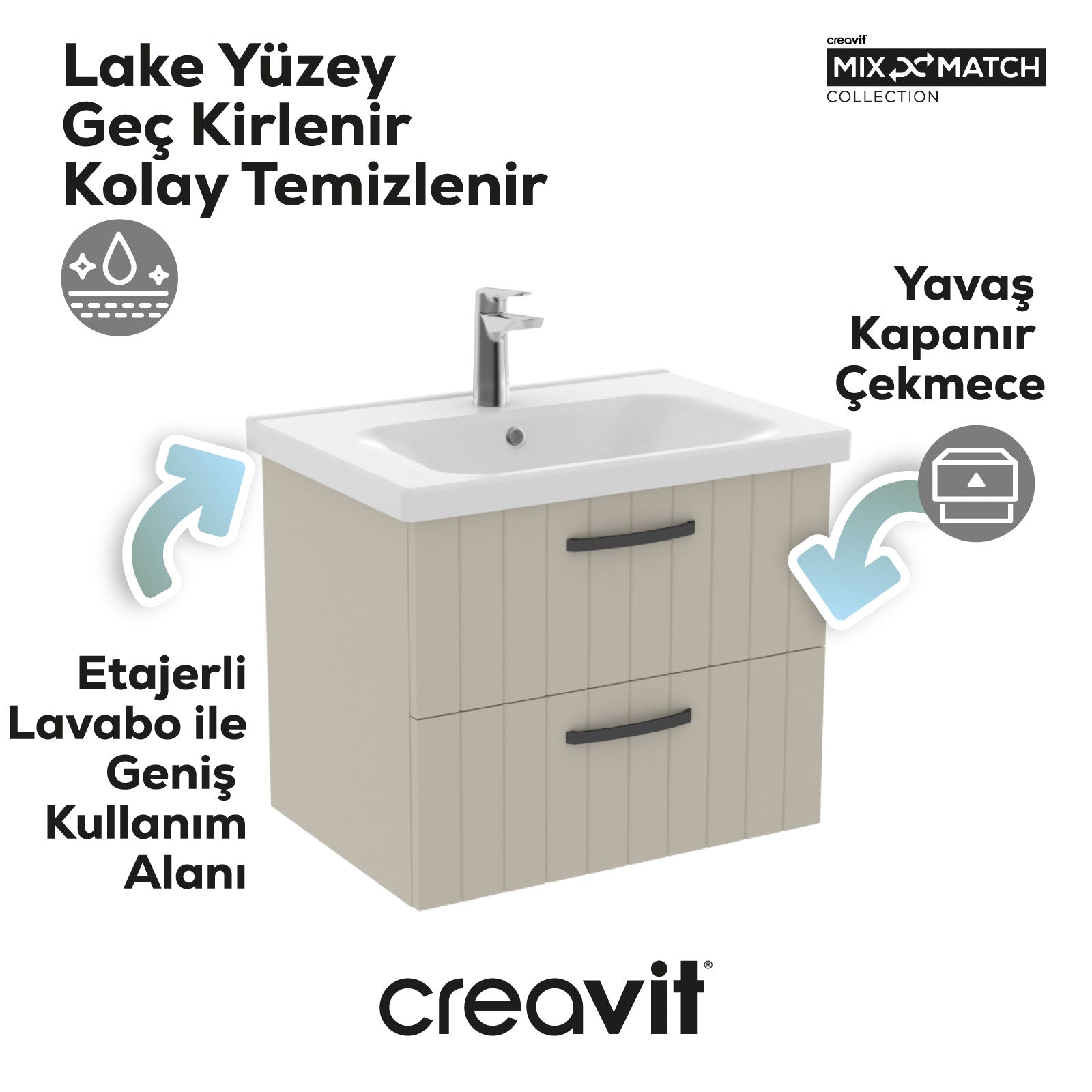 D20 65cm İki Çekmeceli Lavabo Dolabı Çizgili Dafne Lake Kapak (Demonte)