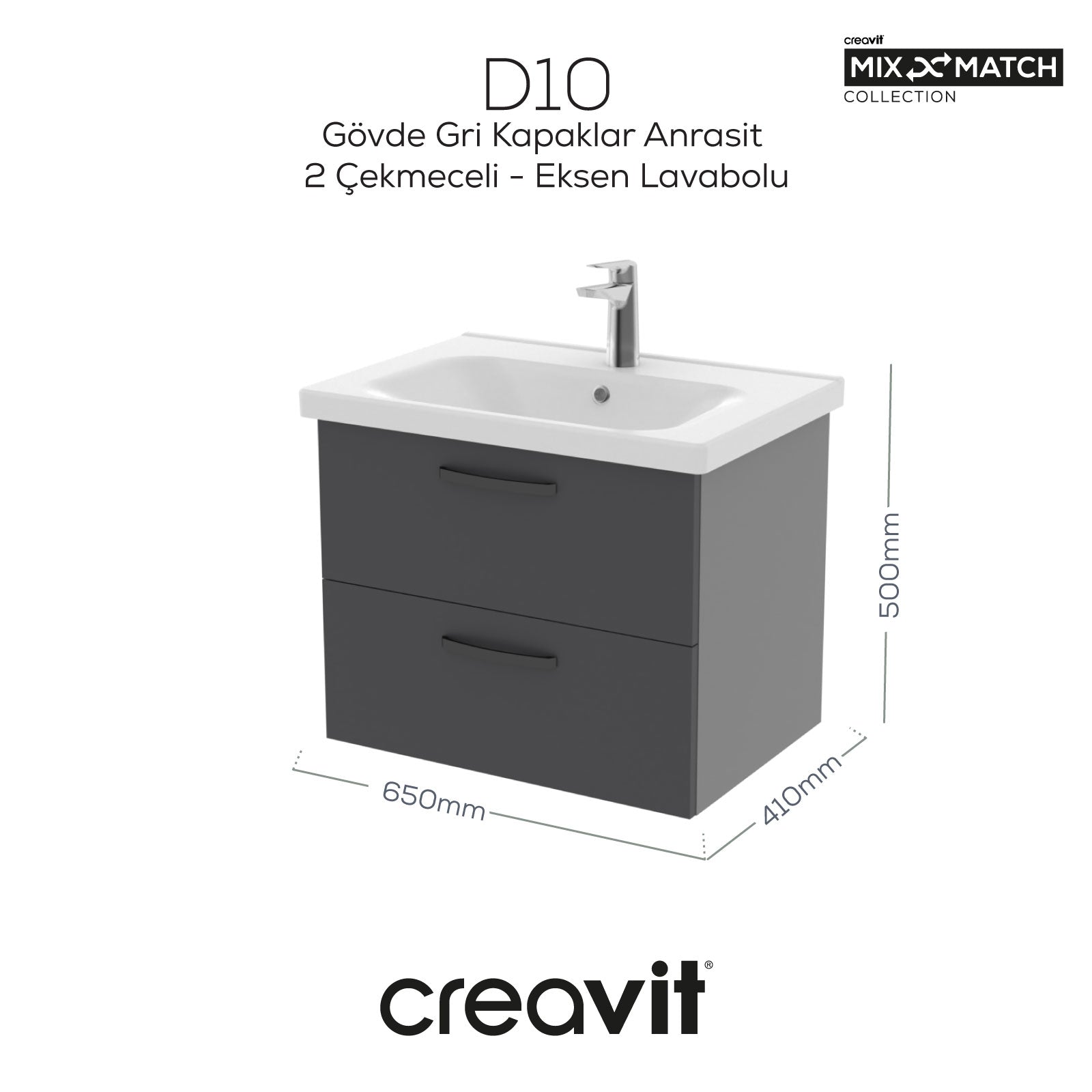 D20 65cm İki Çekmeceli Lavabo Dolabı Gri (Demonte)