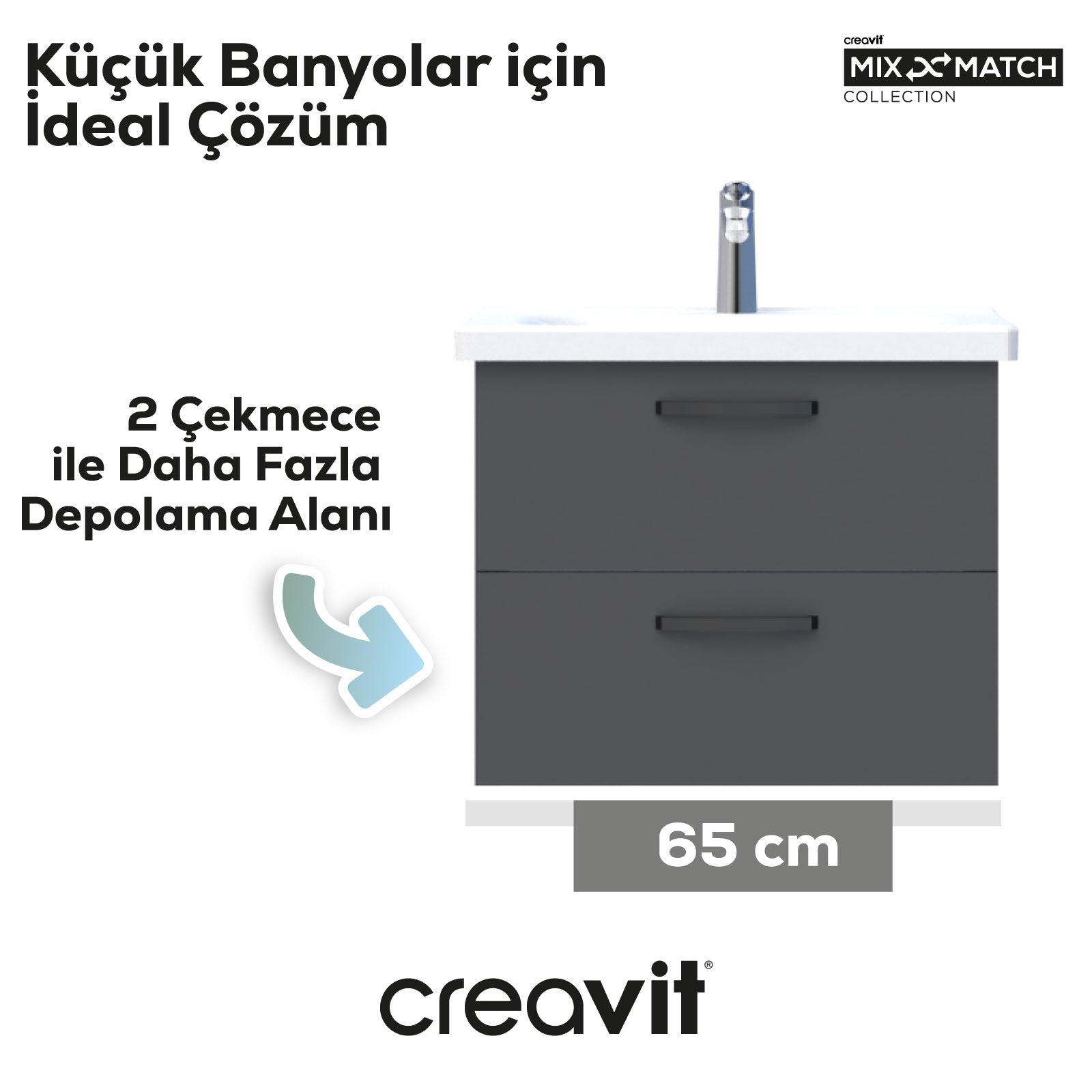 D20 65cm İki Çekmeceli Lavabo Dolabı Gri (Demonte)