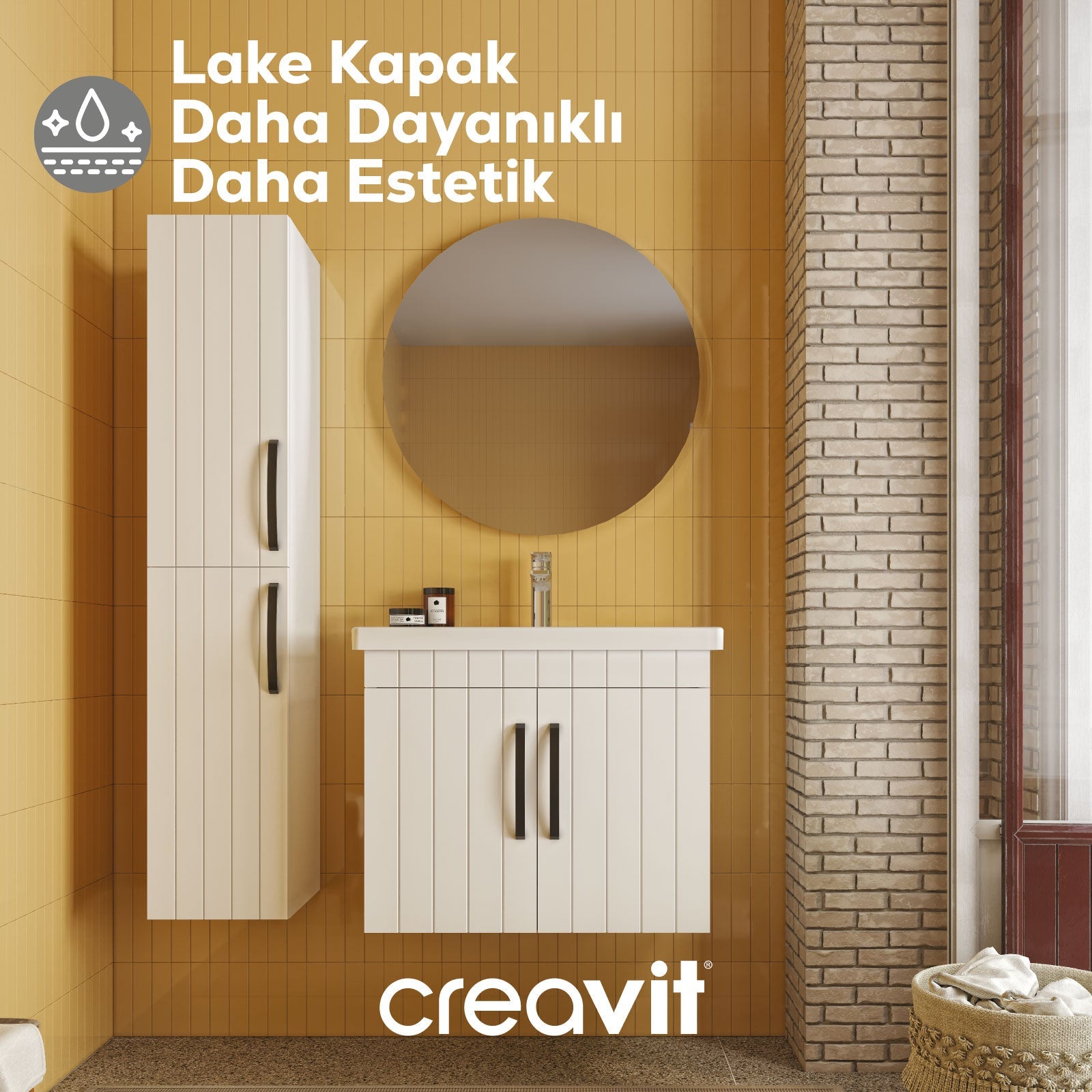 D20 65cm Kapaklı Lavabo Dolabı Çizgili Beyaz Lake Kapak (Demonte)