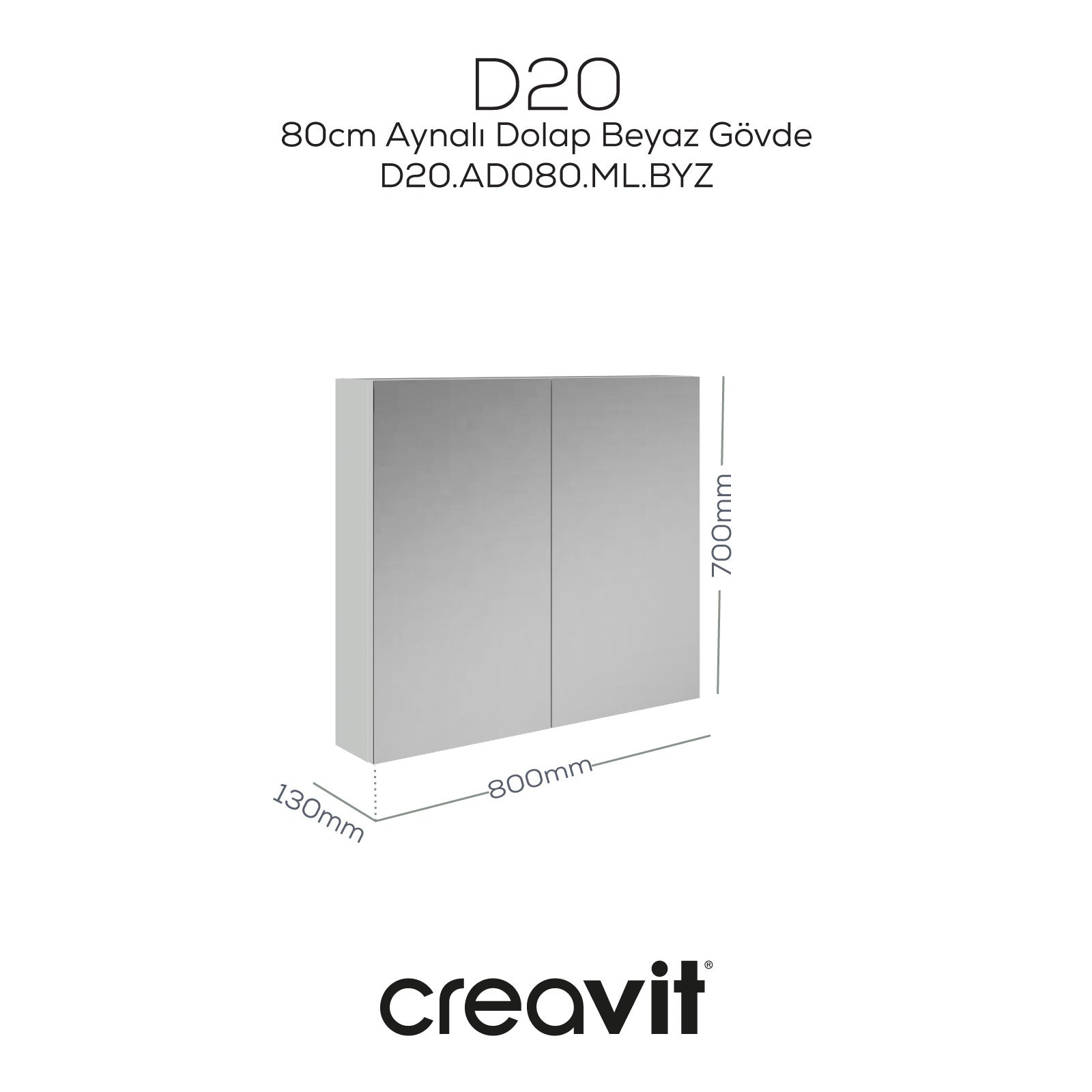 D20 80 Cm Beyaz Aynalı Dolap Melamin Gövde