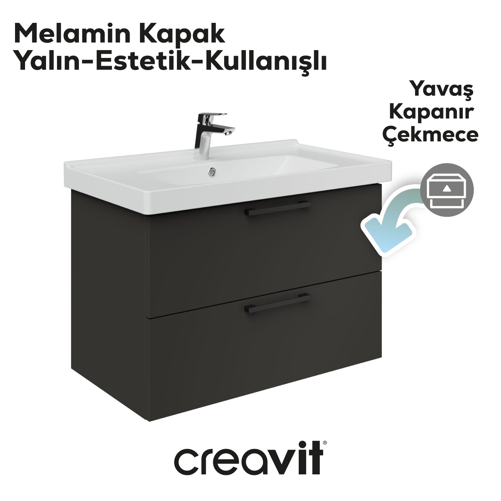D20 80 Cm İki Çekmeceli Lavabo Dolabı Antrasit Melamin Kapak (Demonte)