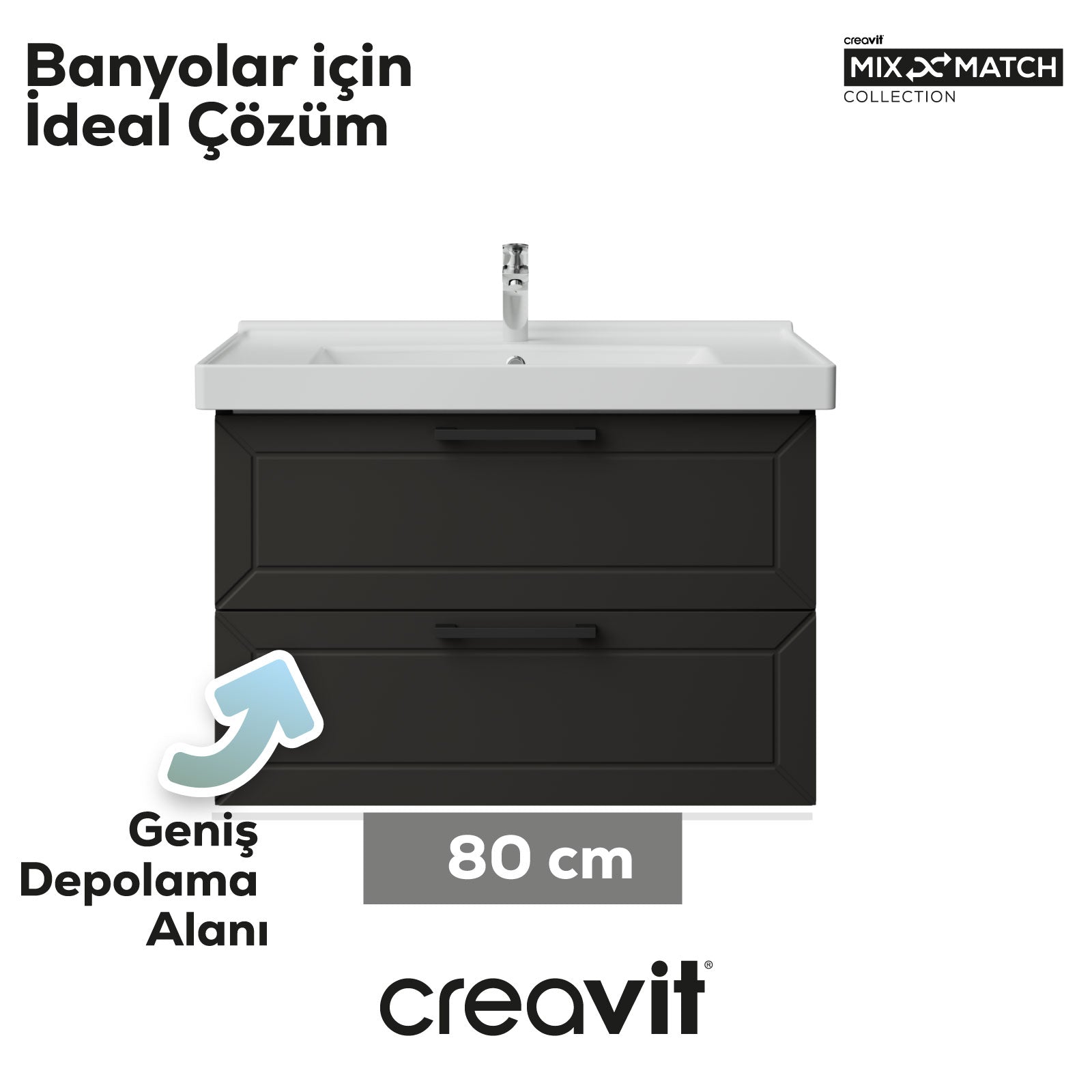 D20 80 Cm İki Çekmeceli Lavabo Dolabı Antrasit Lake Kapak (Demonte)