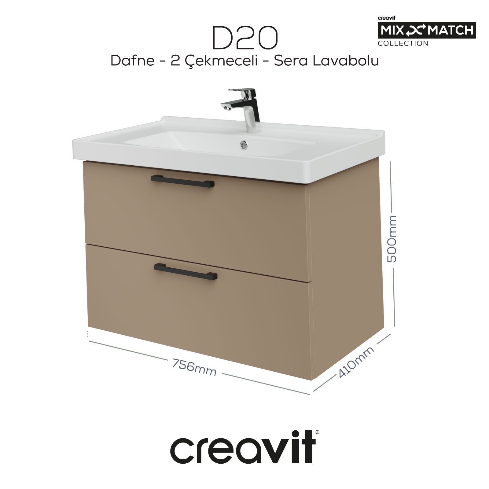 D20 80 Cm İki Çekmeceli Lavabo Dolabı Dafne Melamin (Demonte)