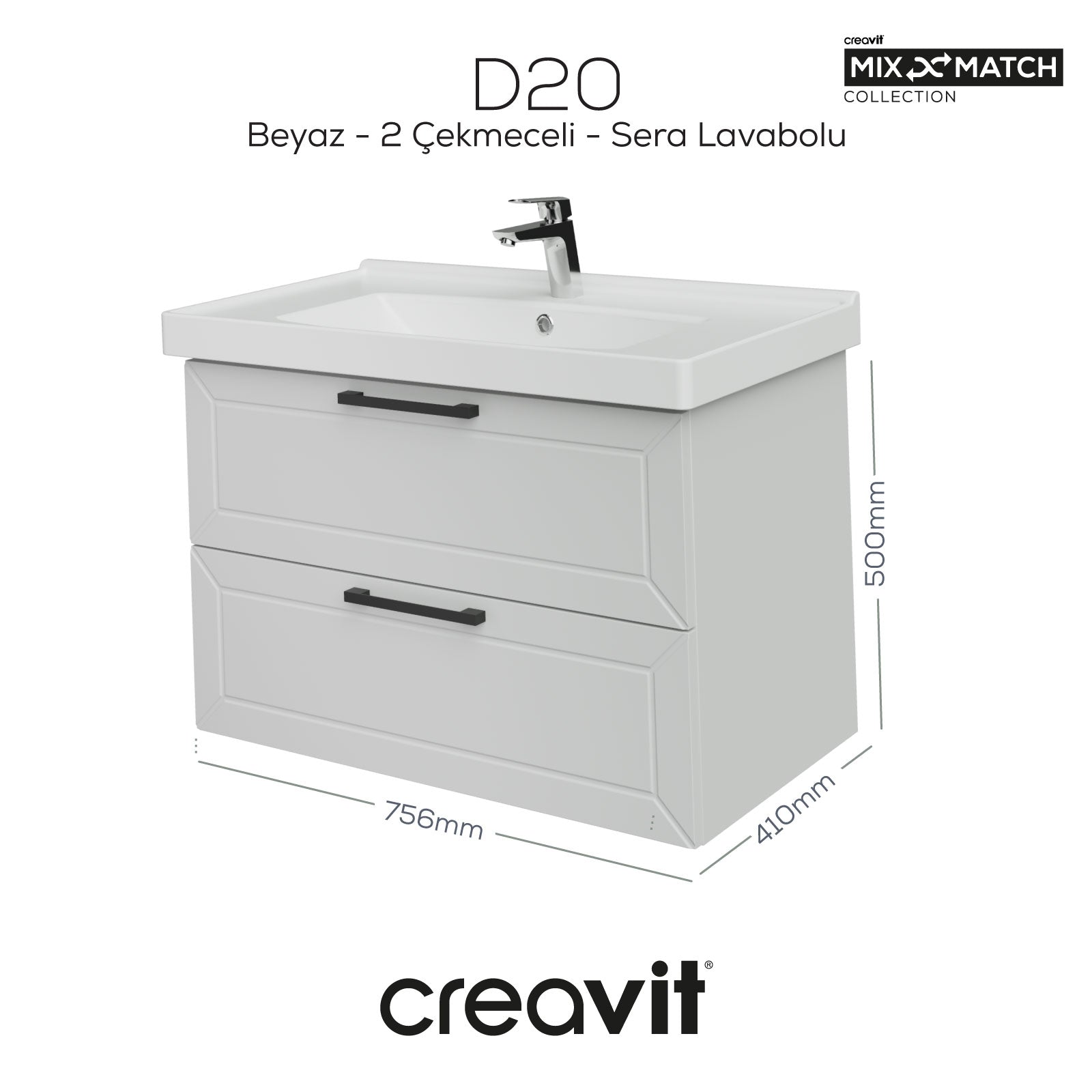 D20 80 Cm İki Çekmeceli Lavabo Dolabı Beyaz Lake Kapak