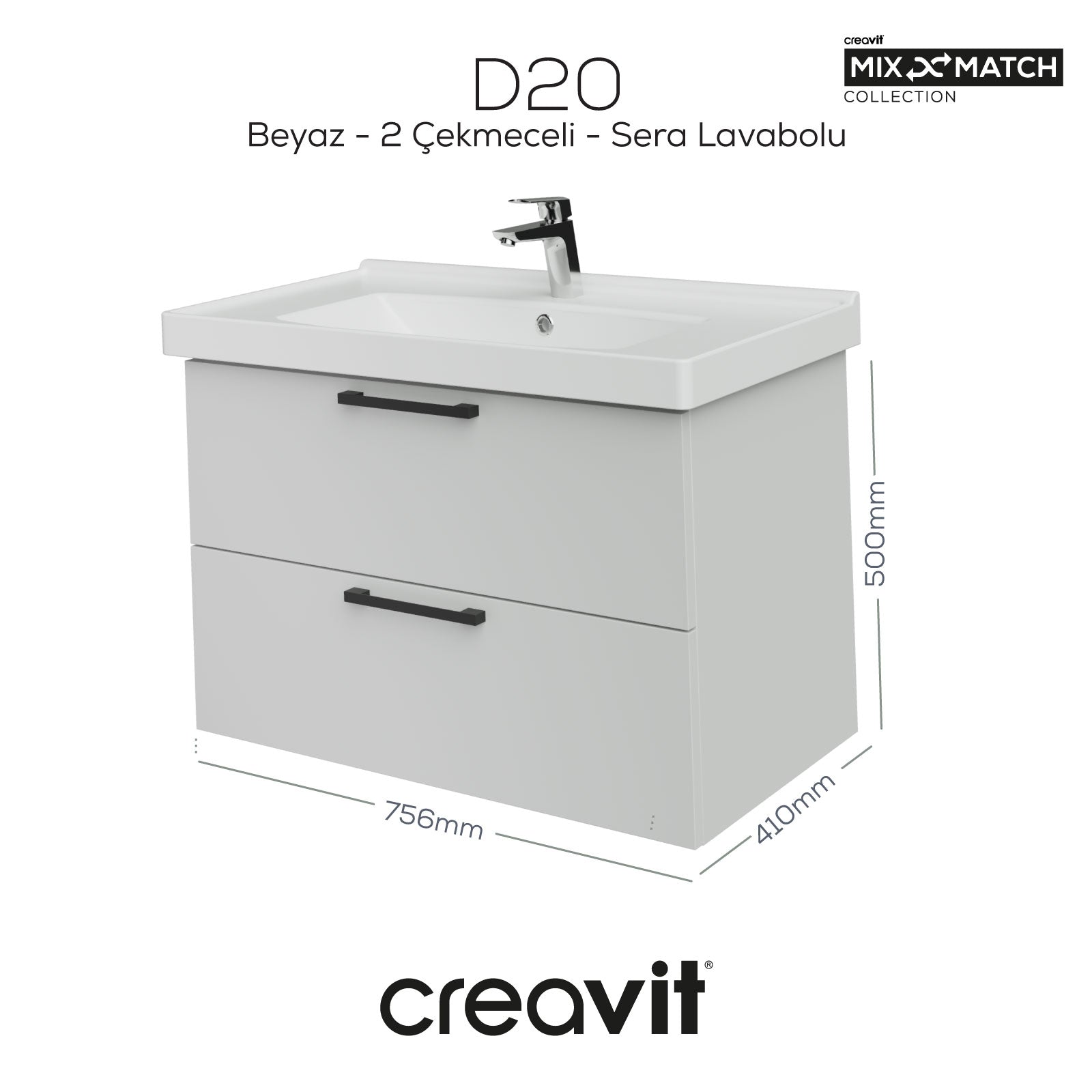 D20 80 Cm İki Çekmeceli Lavabo Dolabı Beyaz Melamin Kapak (Demonte)