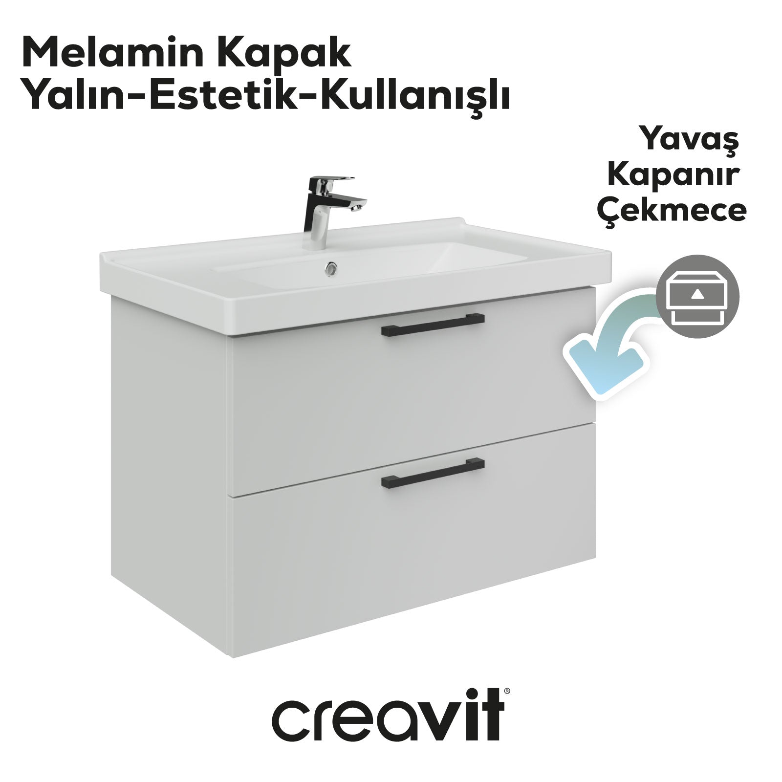 D20 80 Cm İki Çekmeceli Lavabo Dolabı Beyaz Melamin Kapak (Demonte)