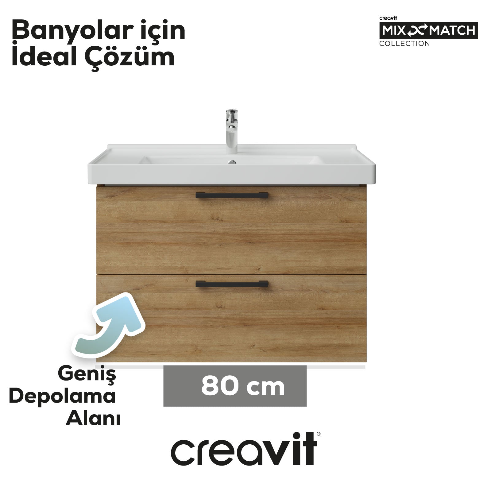 D20 80 Cm İki Çekmeceli Lavabo Dolabı Everest Melamin Kapak (Demonte)