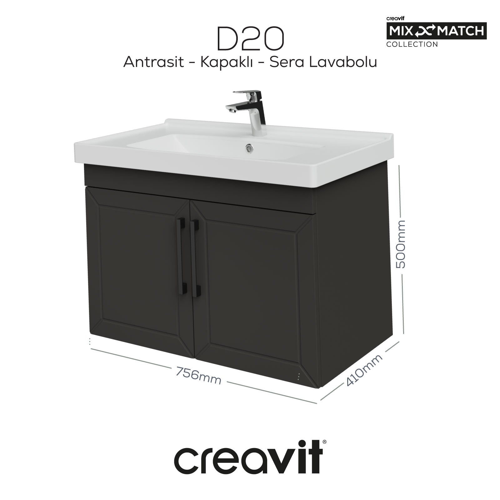 D20 80 cm Kapaklı Lavabo Dolabı Antrasit Lake Kapak