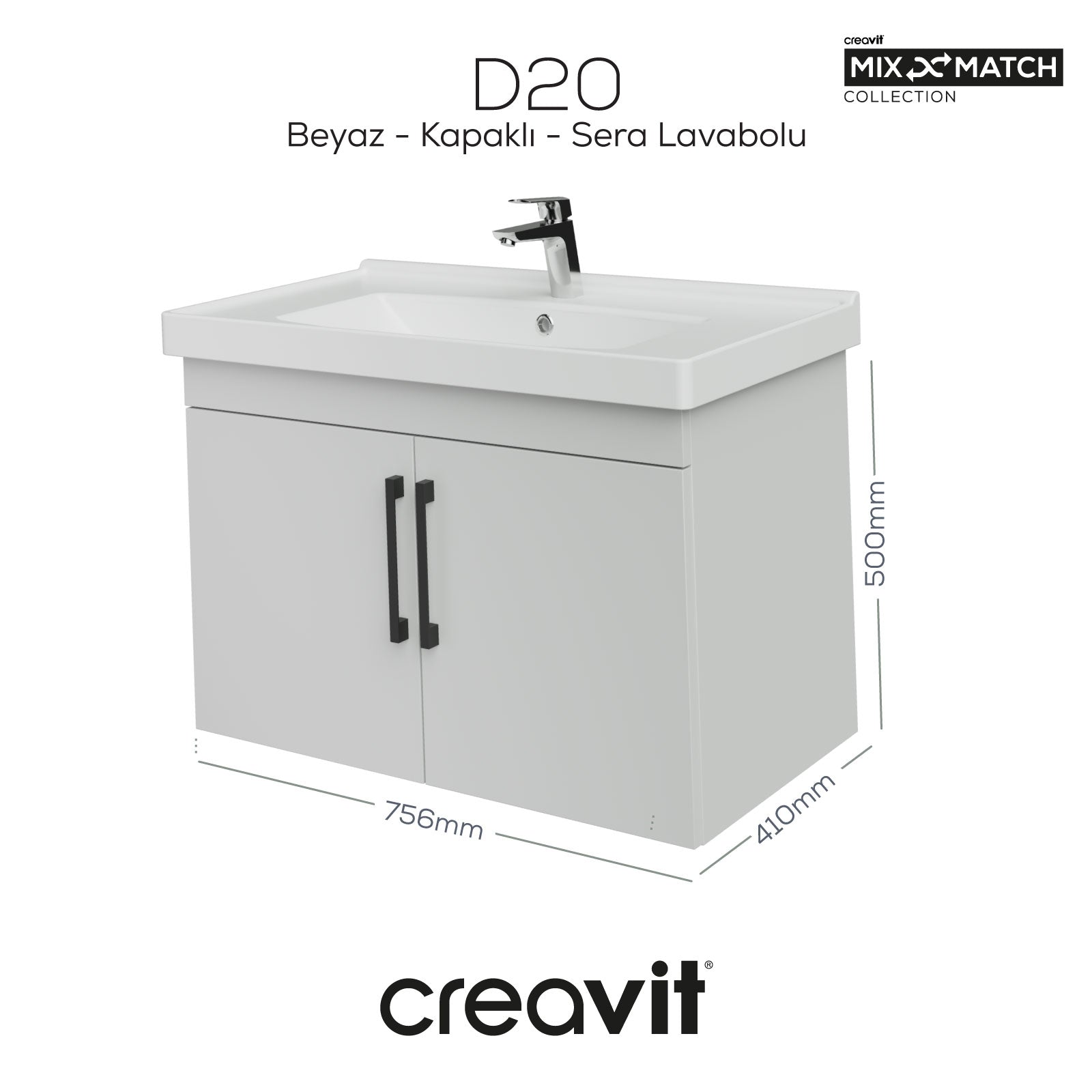 D20 80 Cm Kapaklı Lavabo Dolabı Beyaz Melamin Kapak (Demonte)