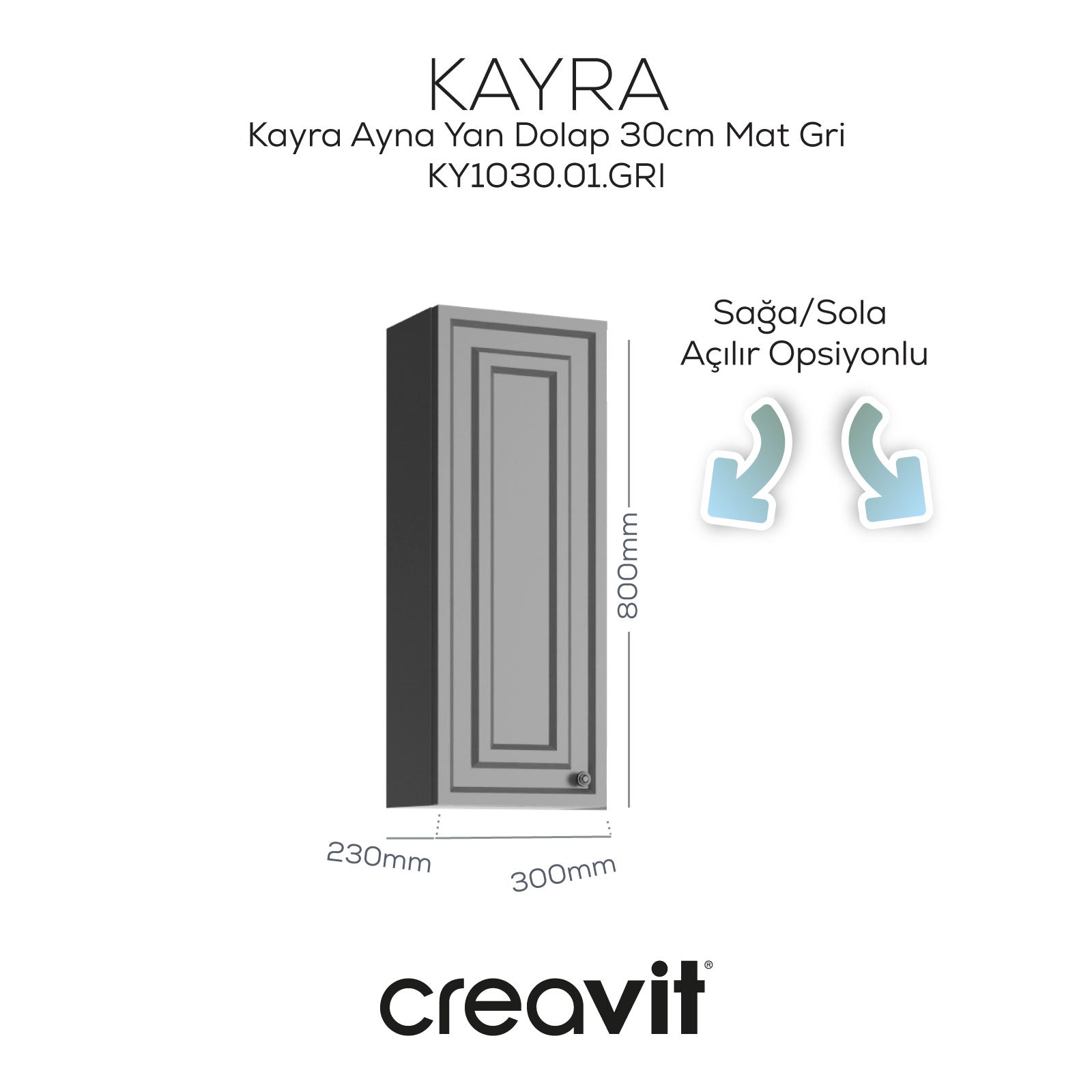 Kayra Ayna Yan Dolabı 30cm Mat Gri