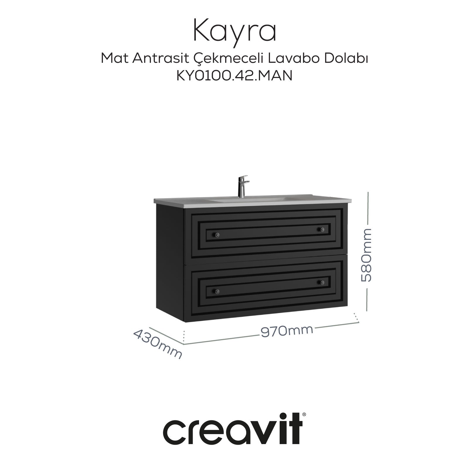 Kayra Lavabo Dolabı Çekmeceli 100cm Mat Antrasit