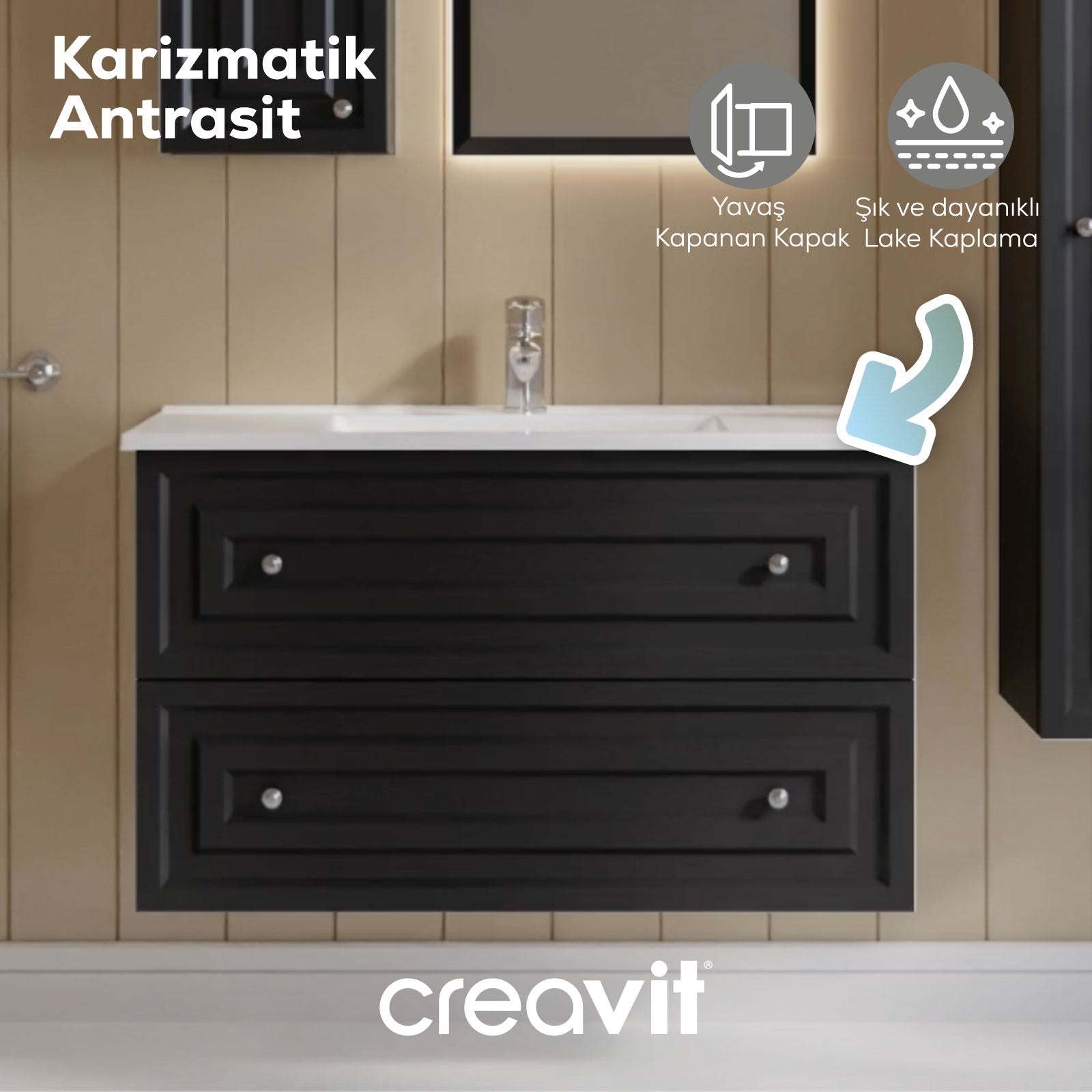 Kayra Lavabo Dolabı Çekmeceli 100cm Mat Antrasit
