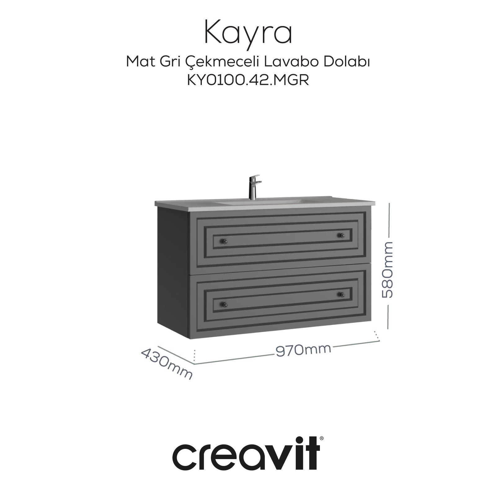 Kayra Lavabo Dolabı Çekmeceli 100cm Mat Gri