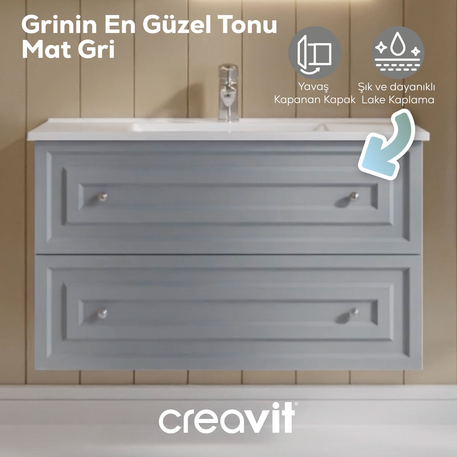 Kayra Lavabo Dolabı Çekmeceli 100cm Mat Gri