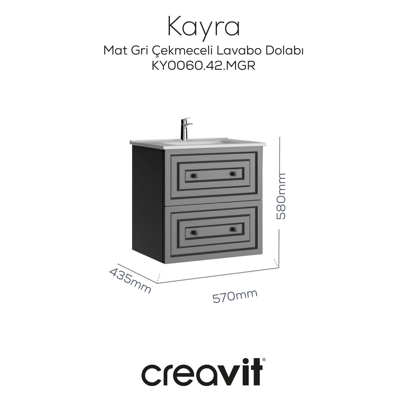 Kayra Lavabo Dolabı Çekmeceli 60cm Mat Gri