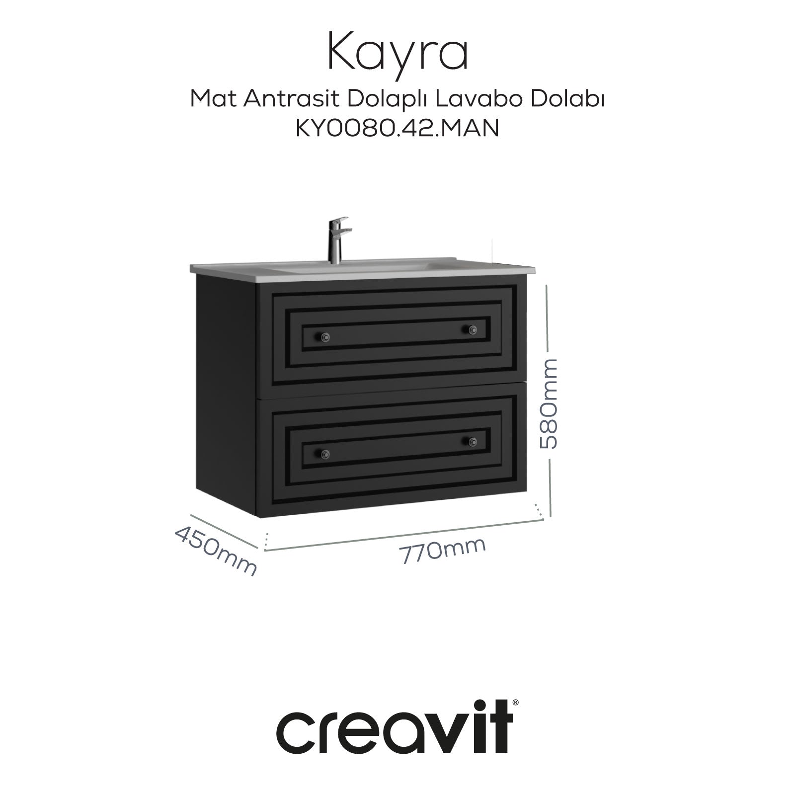 Kayra Lavabo Dolabı Çekmeceli 80cm Mat Antrasit