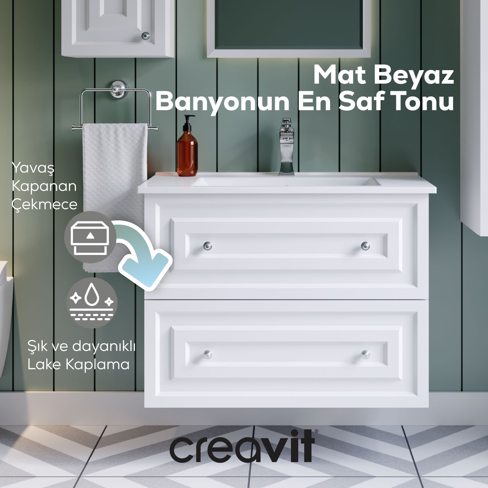 Kayra Lavabo Dolabı Çekmeceli 80cm Mat Beyaz