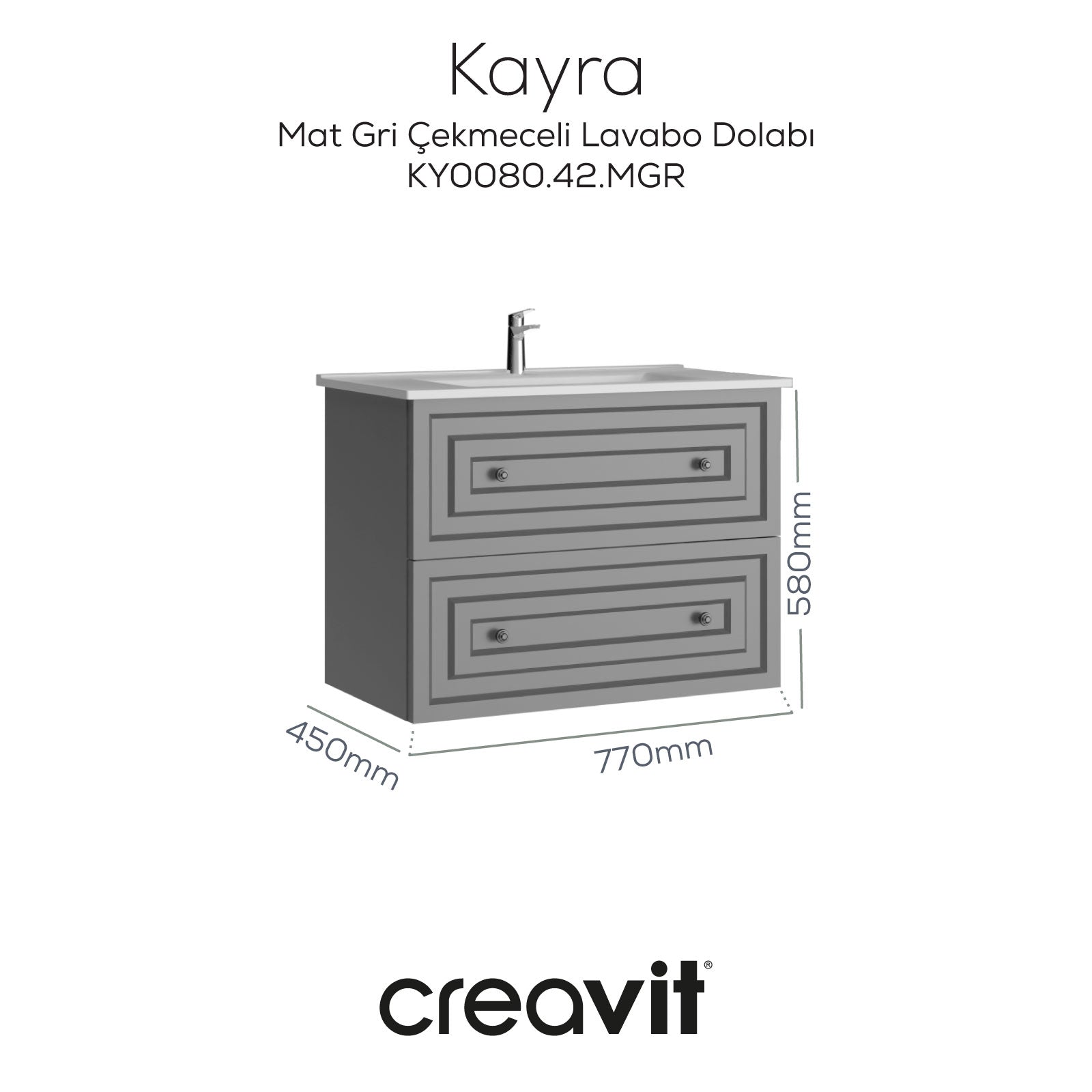 Kayra Lavabo Dolabı Çekmeceli 80cm Mat Gri