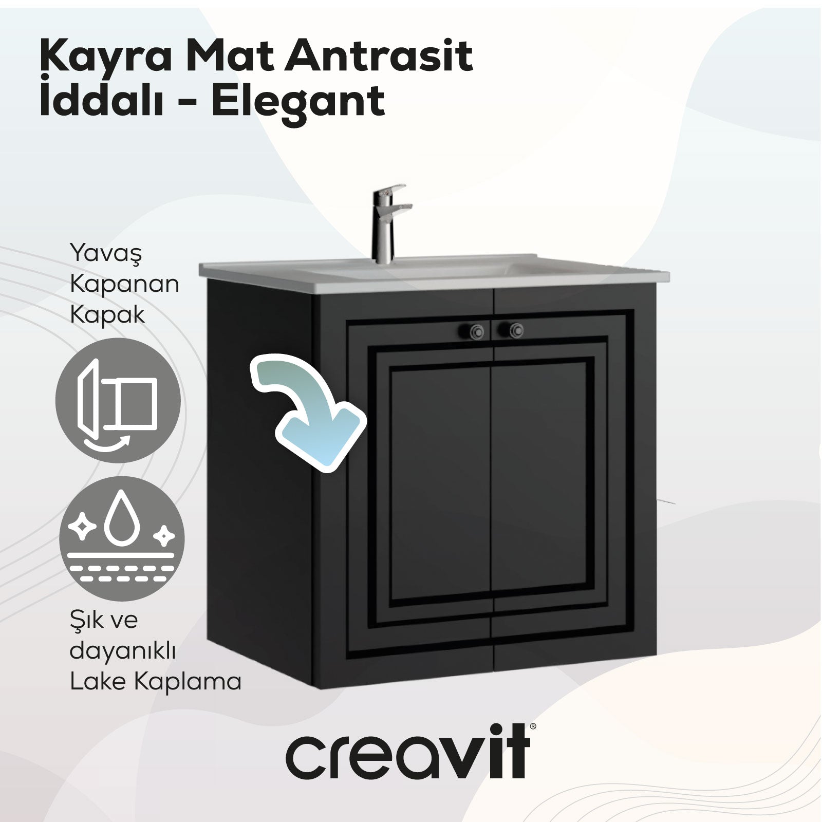 Kayra Lavabo Dolabı Kapaklı 60cm Mat Antrasit
