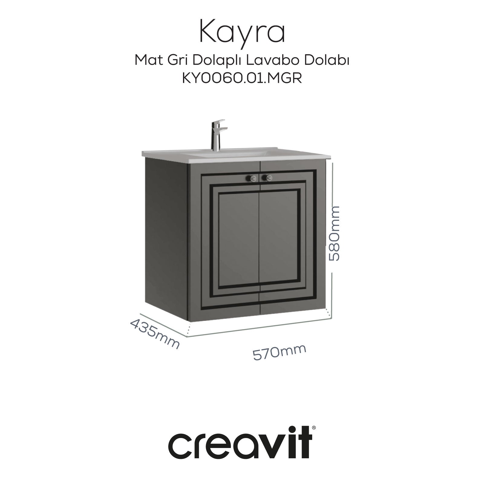 Kayra Lavabo Dolabı Kapaklı 60cm Mat Gri