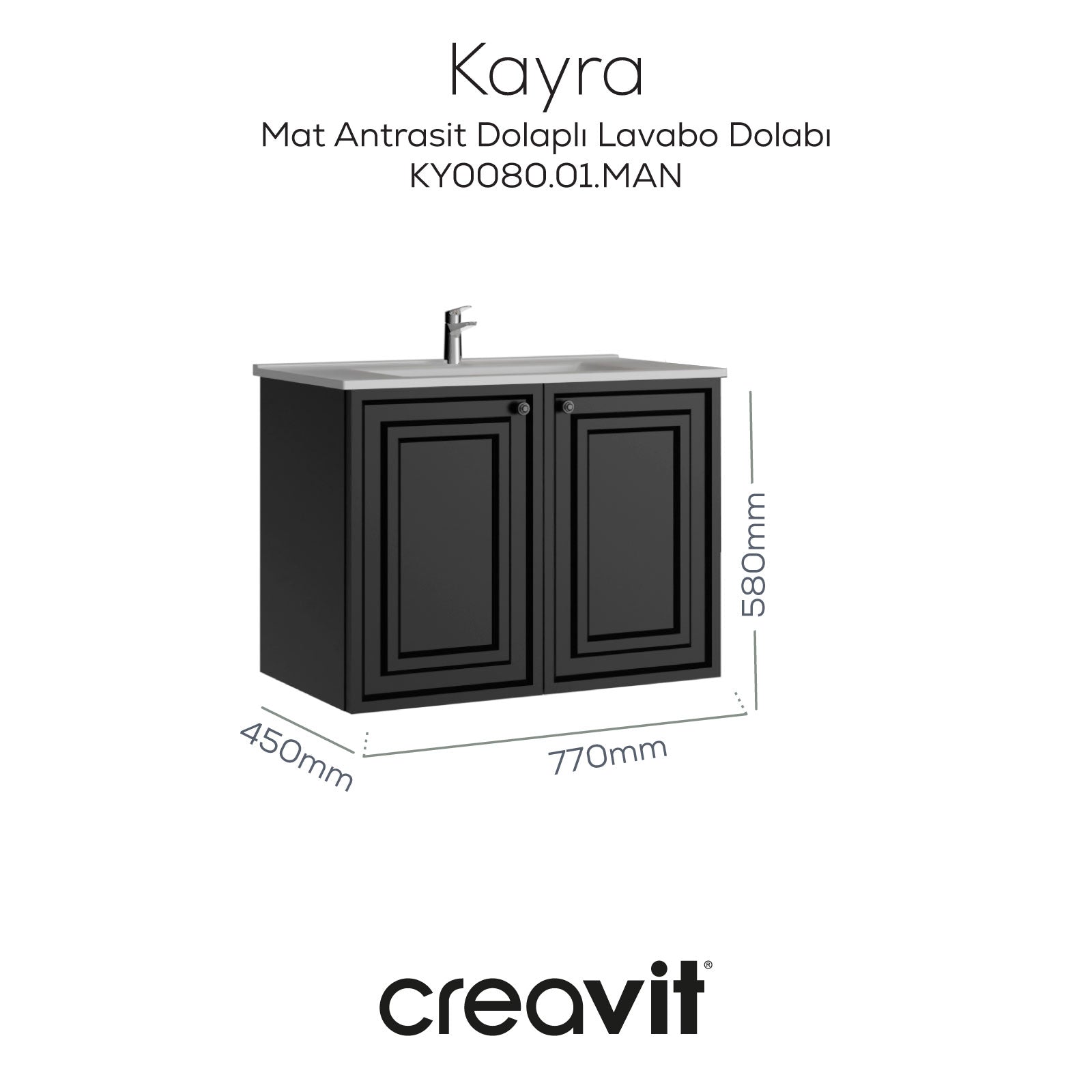 Kayra Lavabo Dolabı Kapaklı 80cm Mat Antrasit