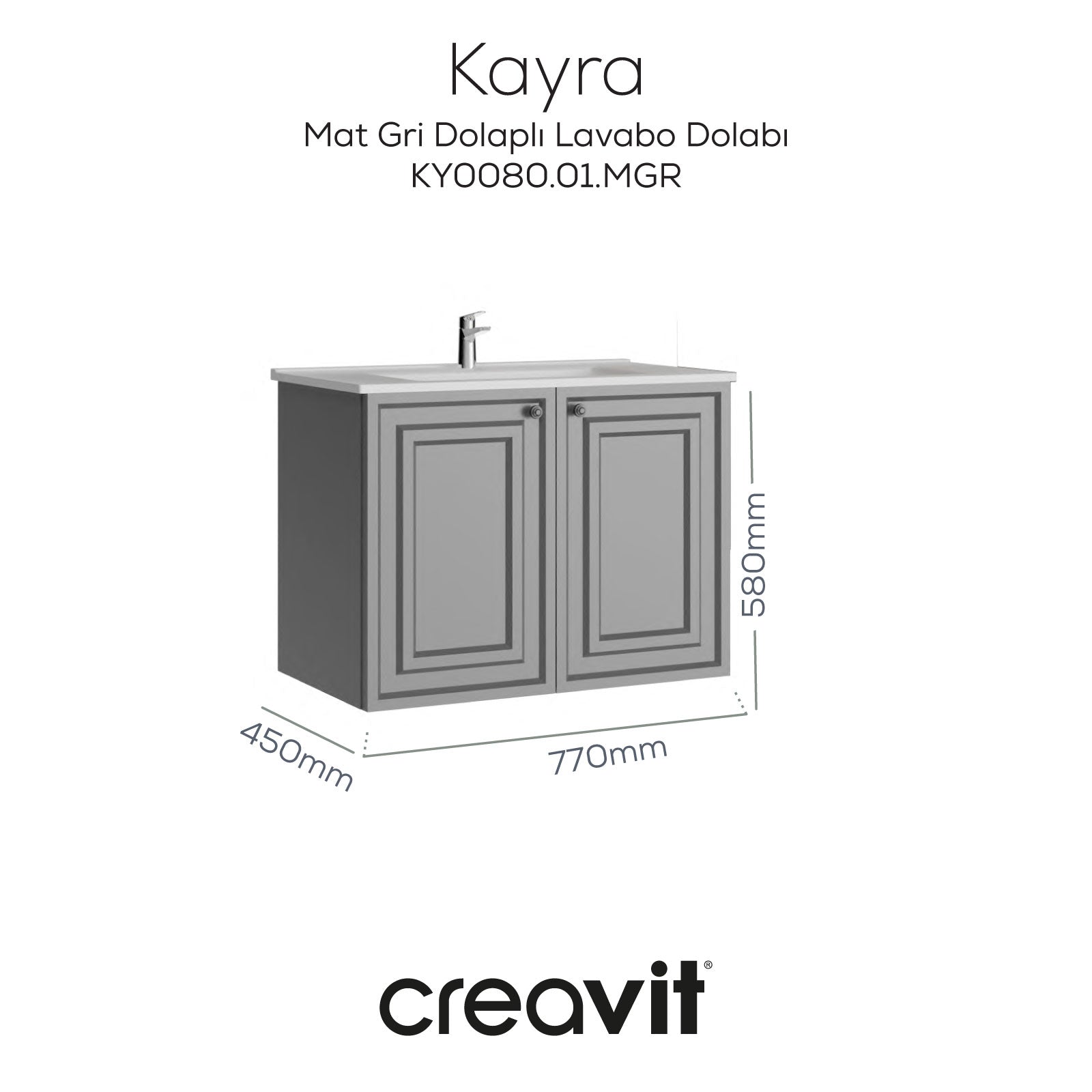 Kayra Lavabo Dolabı Kapaklı 80cm Mat Gri