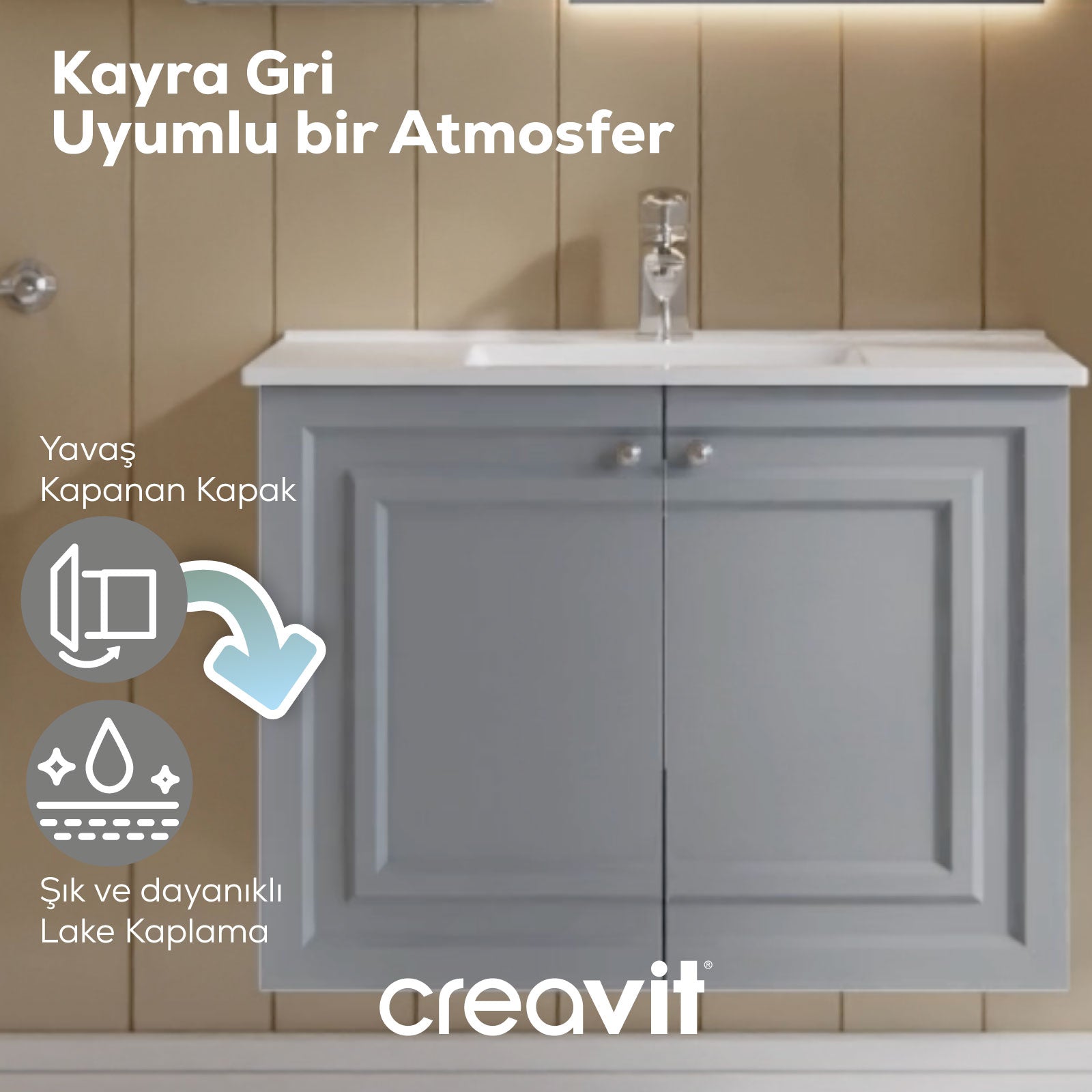 Kayra Lavabo Dolabı Kapaklı 80cm Mat Gri