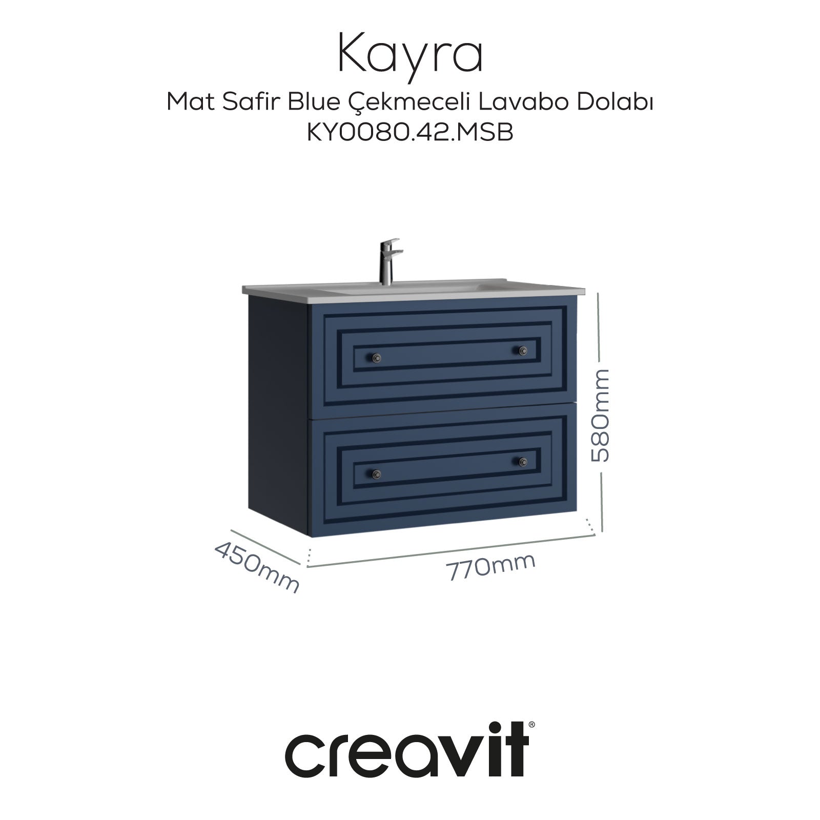 Kayra Mat Safir Blue Çekmeceli Lavabo Dolabı 80 cm