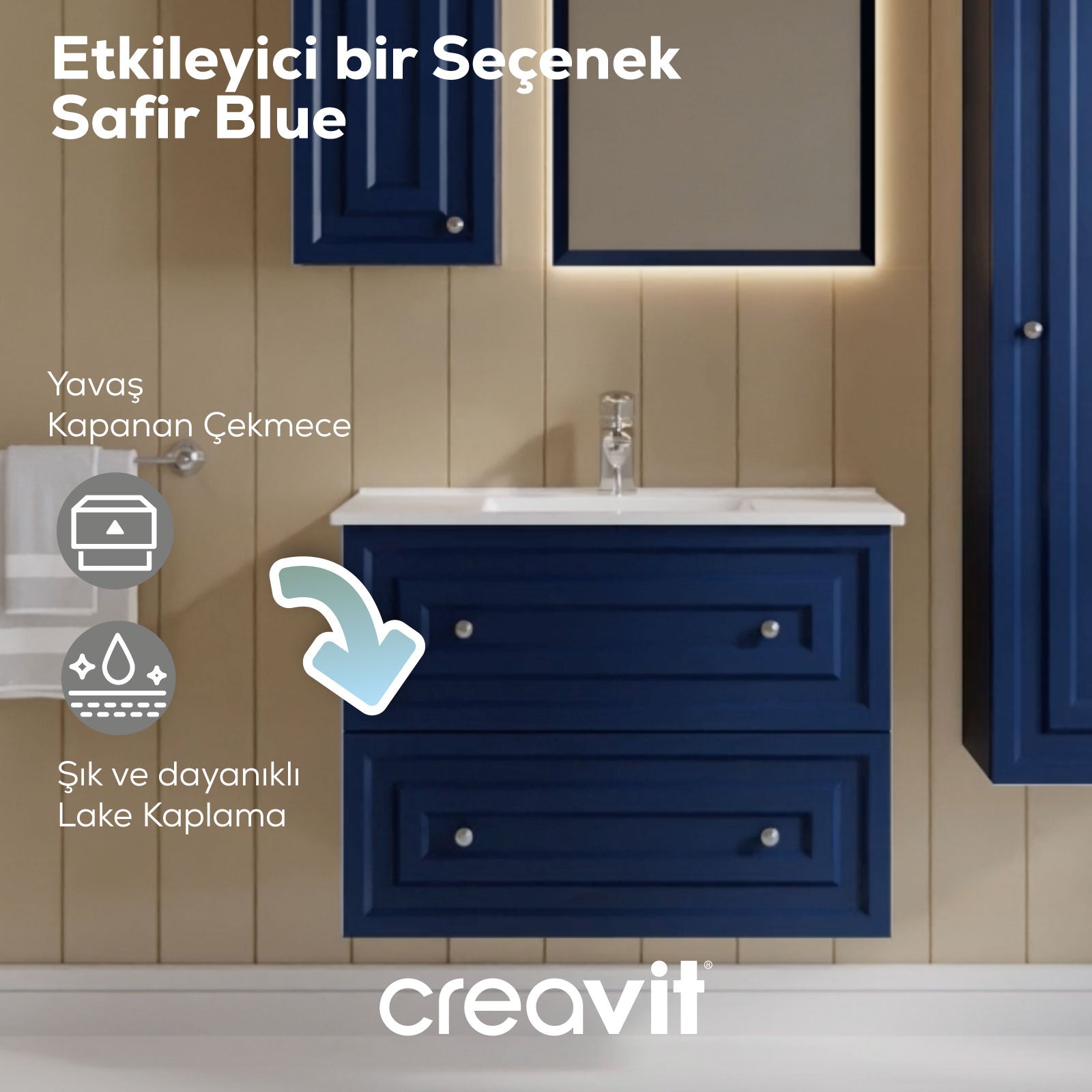 Kayra Mat Safir Blue Çekmeceli Lavabo Dolabı 80 cm