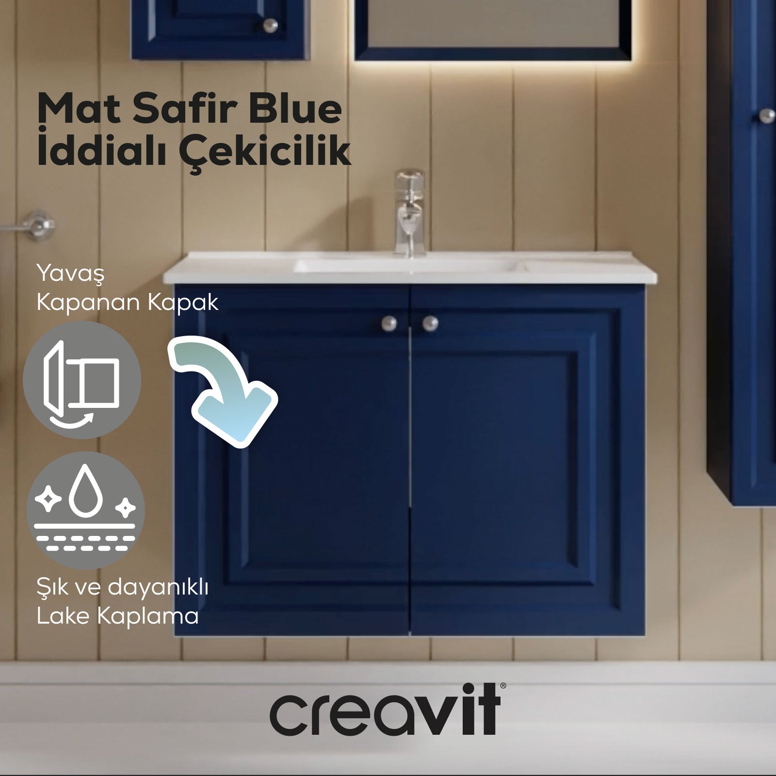 Kayra Mat Safir Blue Kapaklı Lavabo Dolabı 80cm