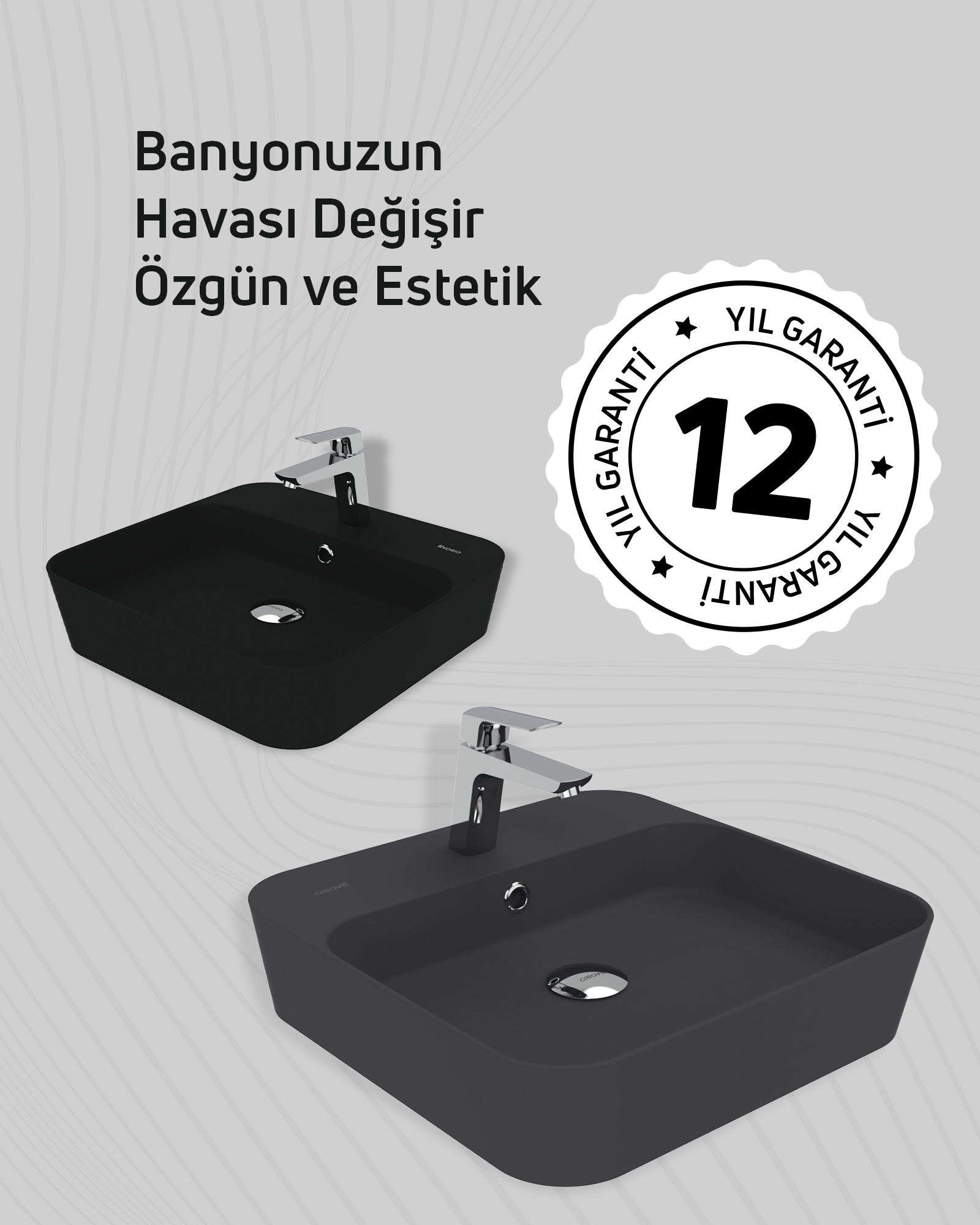 Loop Kare Masa Üstü İnce Çanak Lavabo 45 cm Extra Kömür Karası