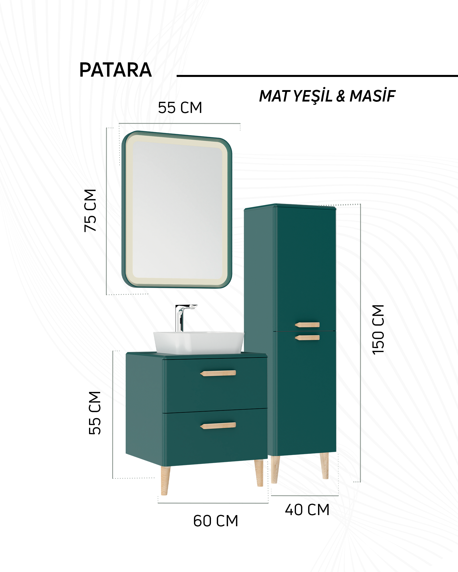 Patara Lavabo Dolabı 60cm Mat Yeşil